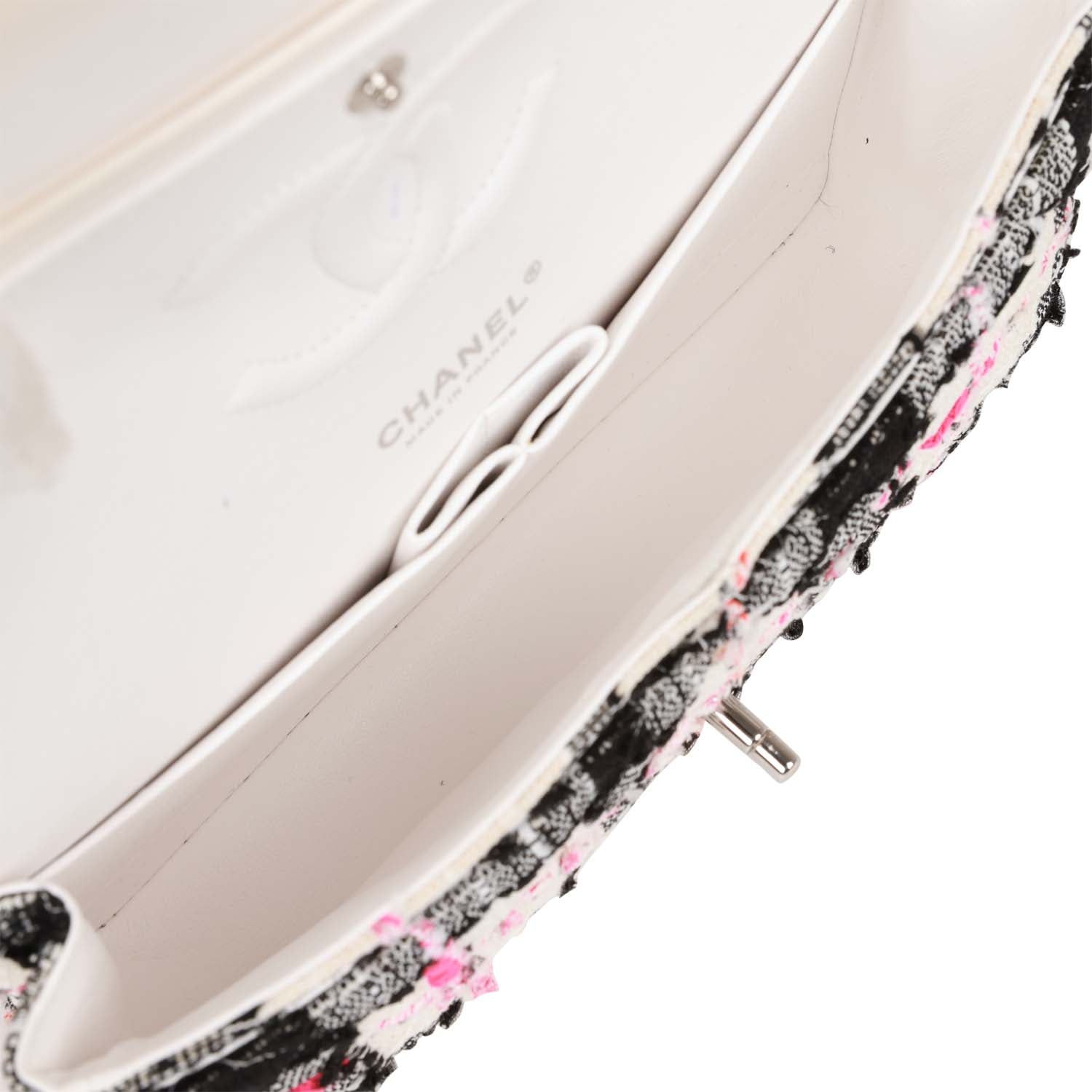 Pre-owned Chanel Medium Classic Double Flap Bag White, Black, and Pink Tweed Silver Hardware - Image 8