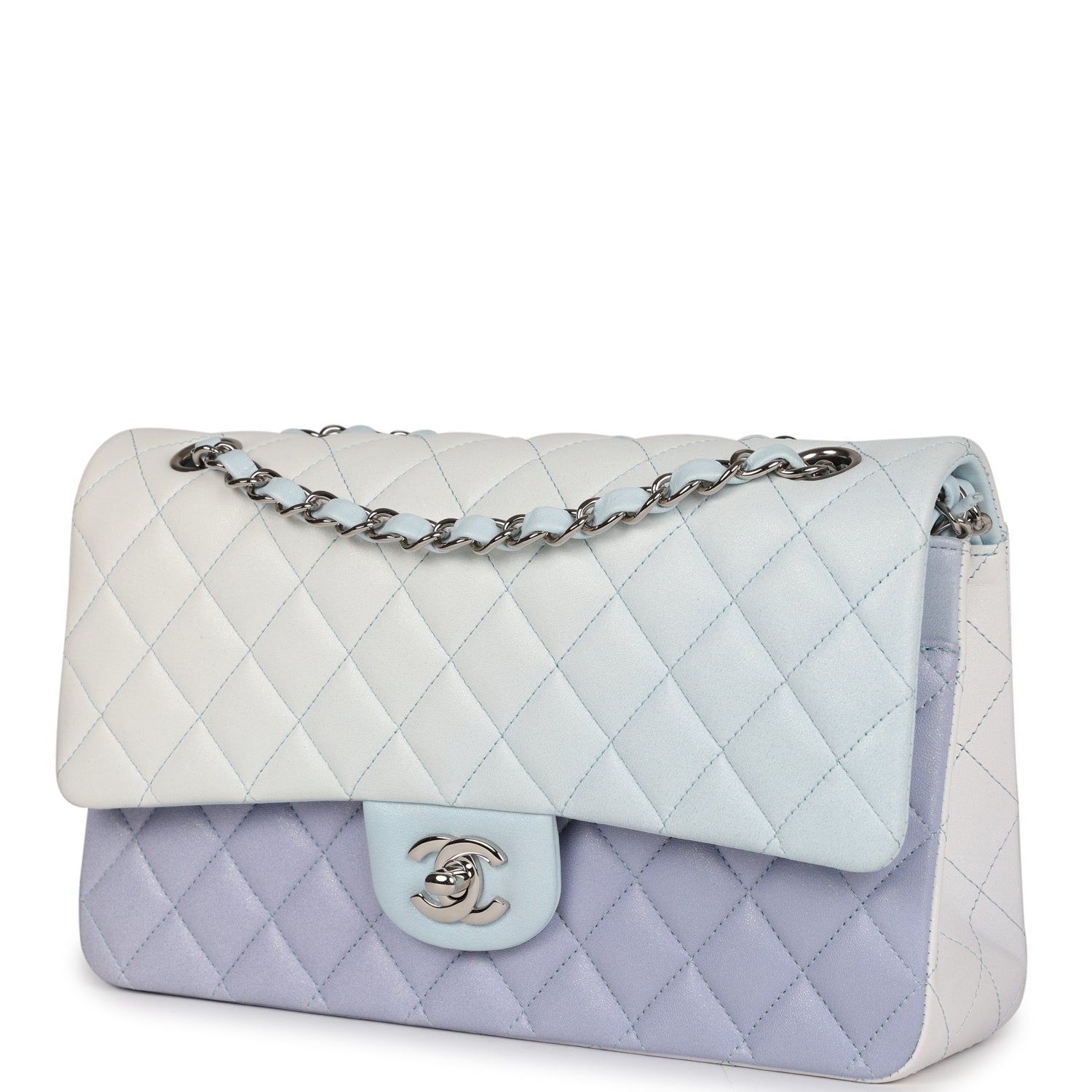 Chanel Medium Classic Double Flap Light Blue/Light Purple/White Ombre Metallic Lambskin Silver Hardware - Image 5