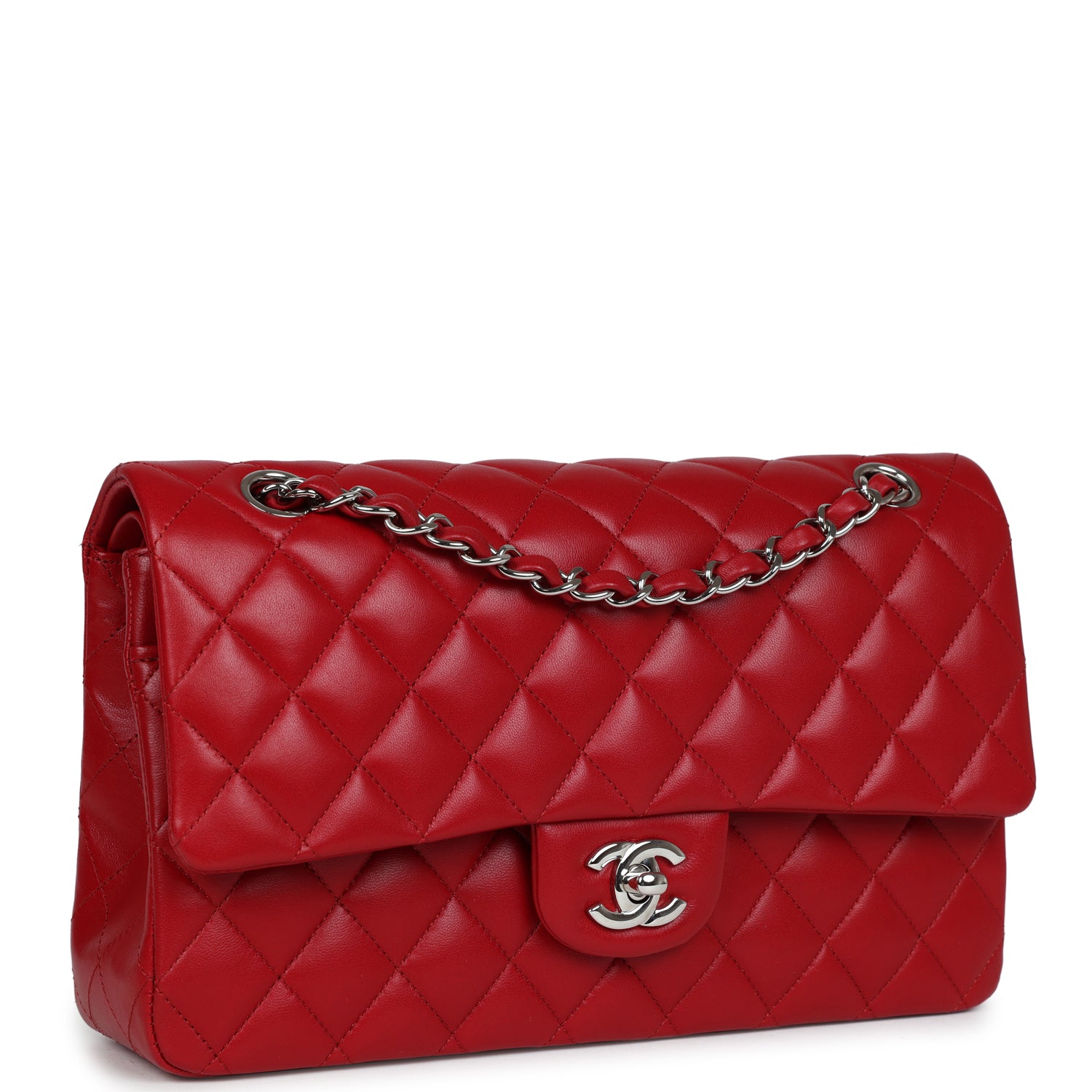 Chanel Medium Classic Double Flap Bag Red Lambskin Silver Hardware - Image 2