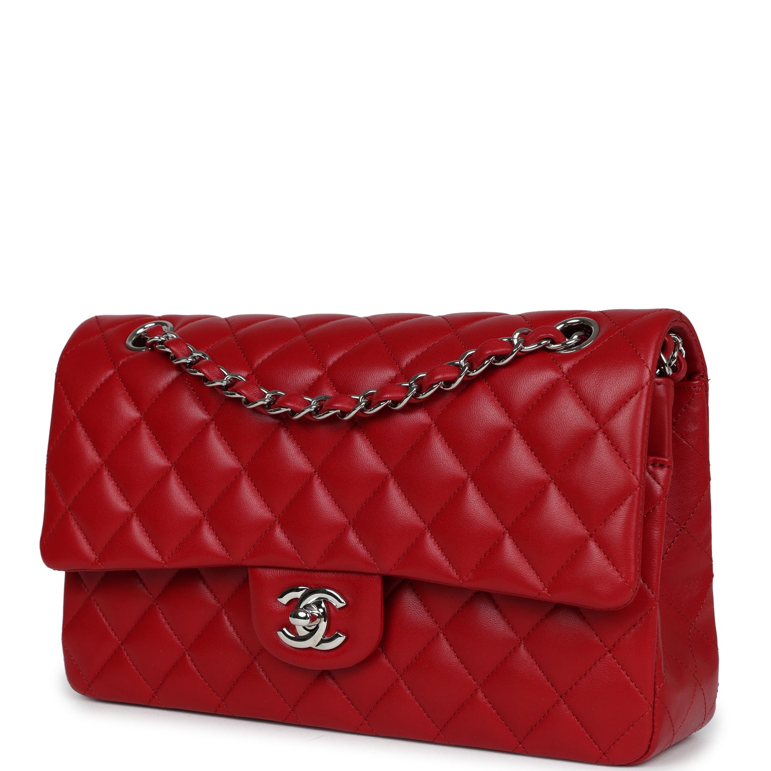 Chanel Medium Classic Double Flap Bag Red Lambskin Silver Hardware - Image 5