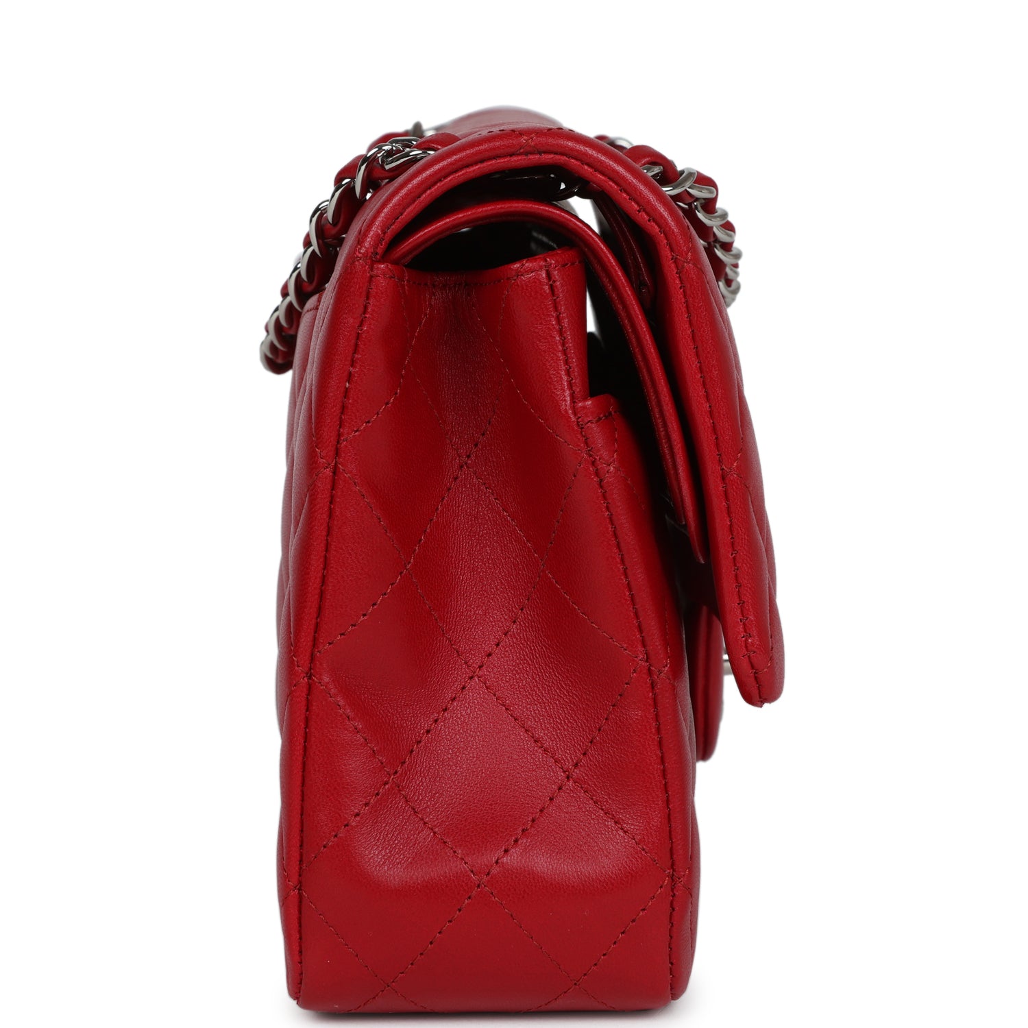 Chanel Medium Classic Double Flap Bag Red Lambskin Silver Hardware - Image 3
