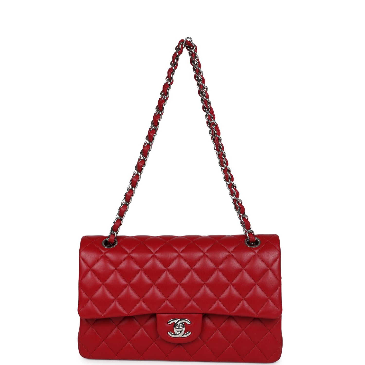 Chanel Medium Classic Double Flap Bag Red Lambskin Silver Hardware - Image 7