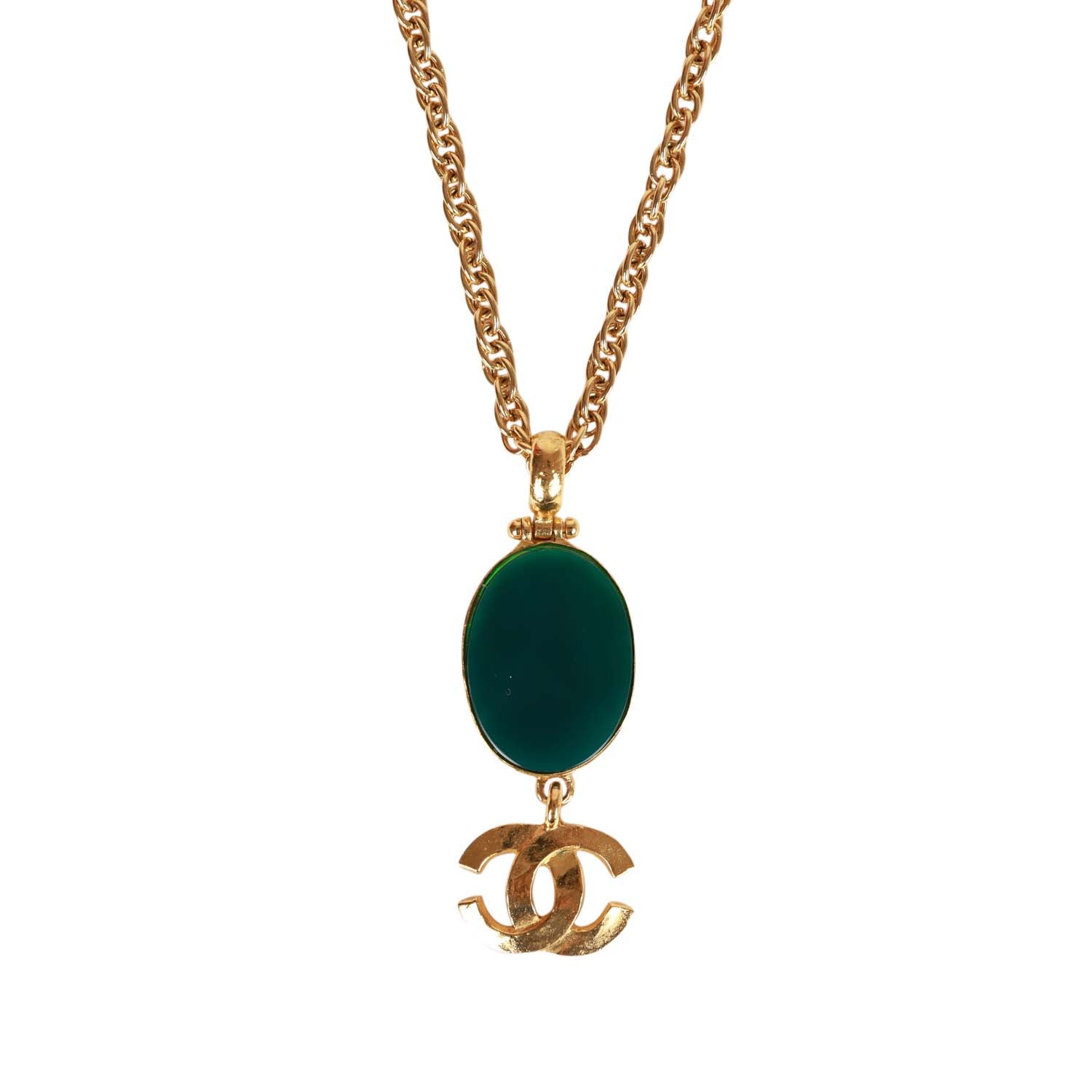 Vintage Chanel Gold Plated Hanging Green Gripoix and CC Pendant Necklace - Image 2