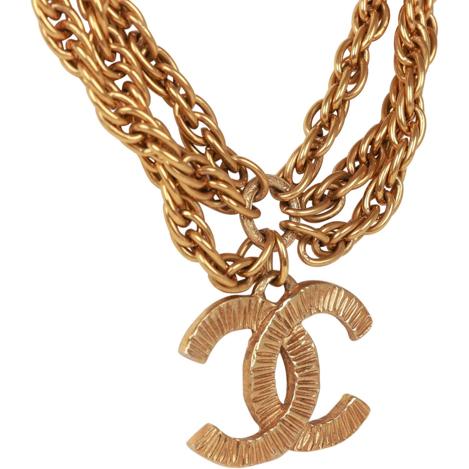Vintage Chanel Gold Plated Triple Chain CC Necklace - Image 3