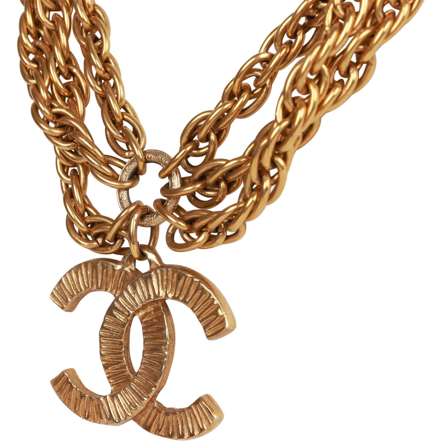 Vintage Chanel Gold Plated Triple Chain CC Necklace - Image 4