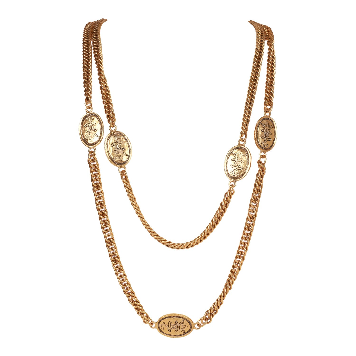 Vintage Chanel Gold Plated CC Oval Coin Charm Sautoir Necklace