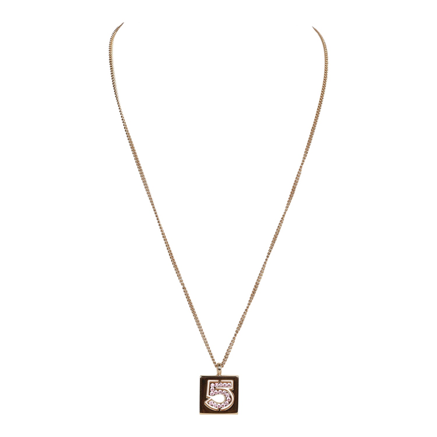 Vintage Chanel Vintage Pink No.5 Rhinestone Pendant Gold Necklace