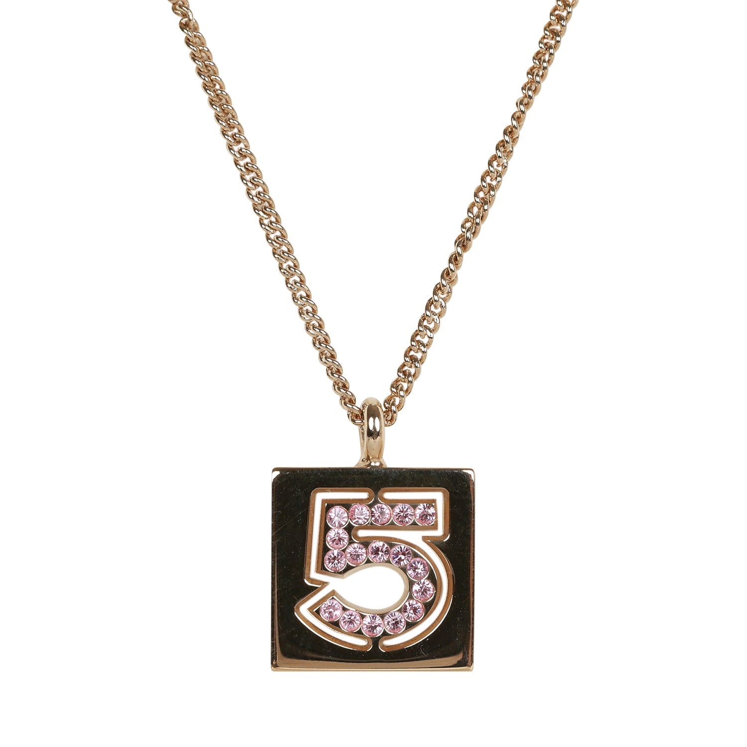 Vintage Chanel Vintage Pink No.5 Rhinestone Pendant Gold Necklace - Image 2