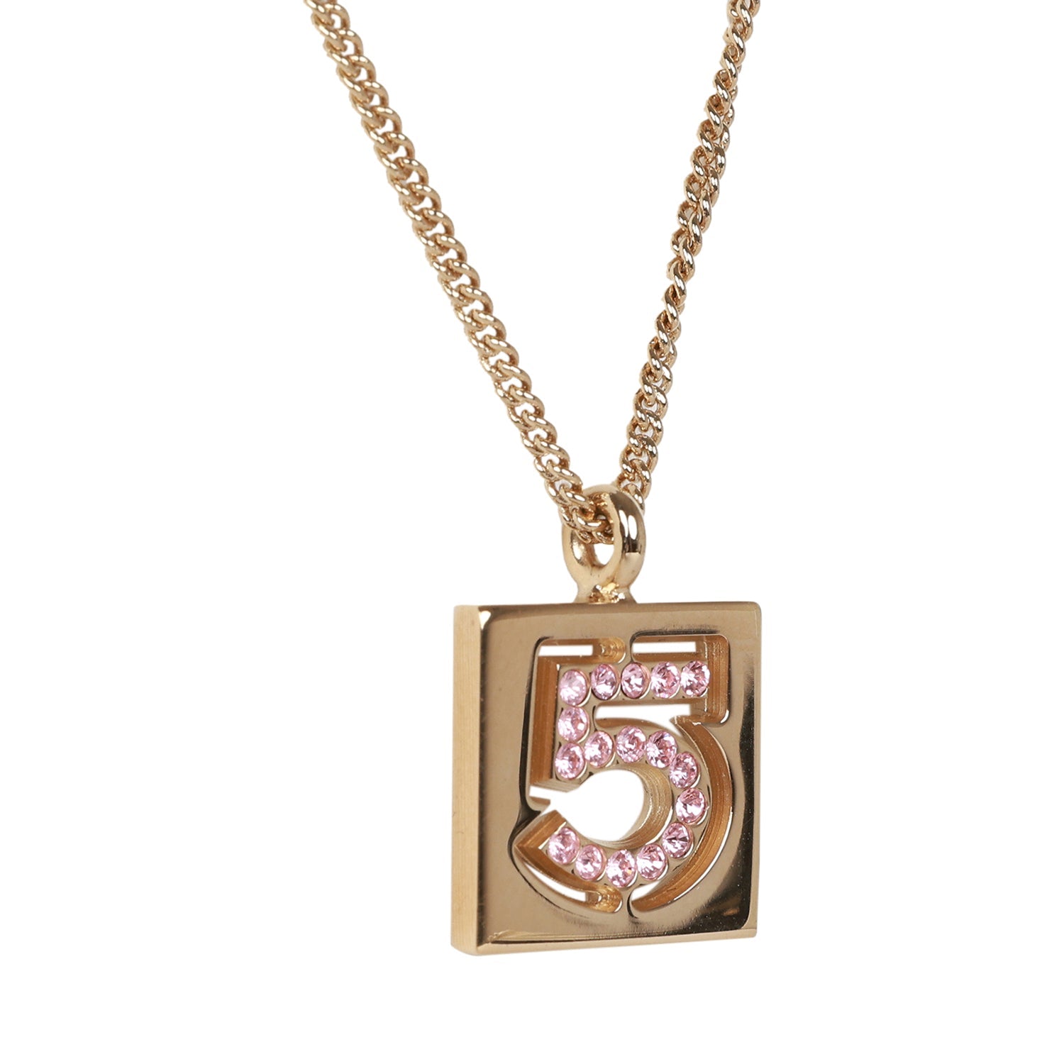 Vintage Chanel Vintage Pink No.5 Rhinestone Pendant Gold Necklace - Image 3
