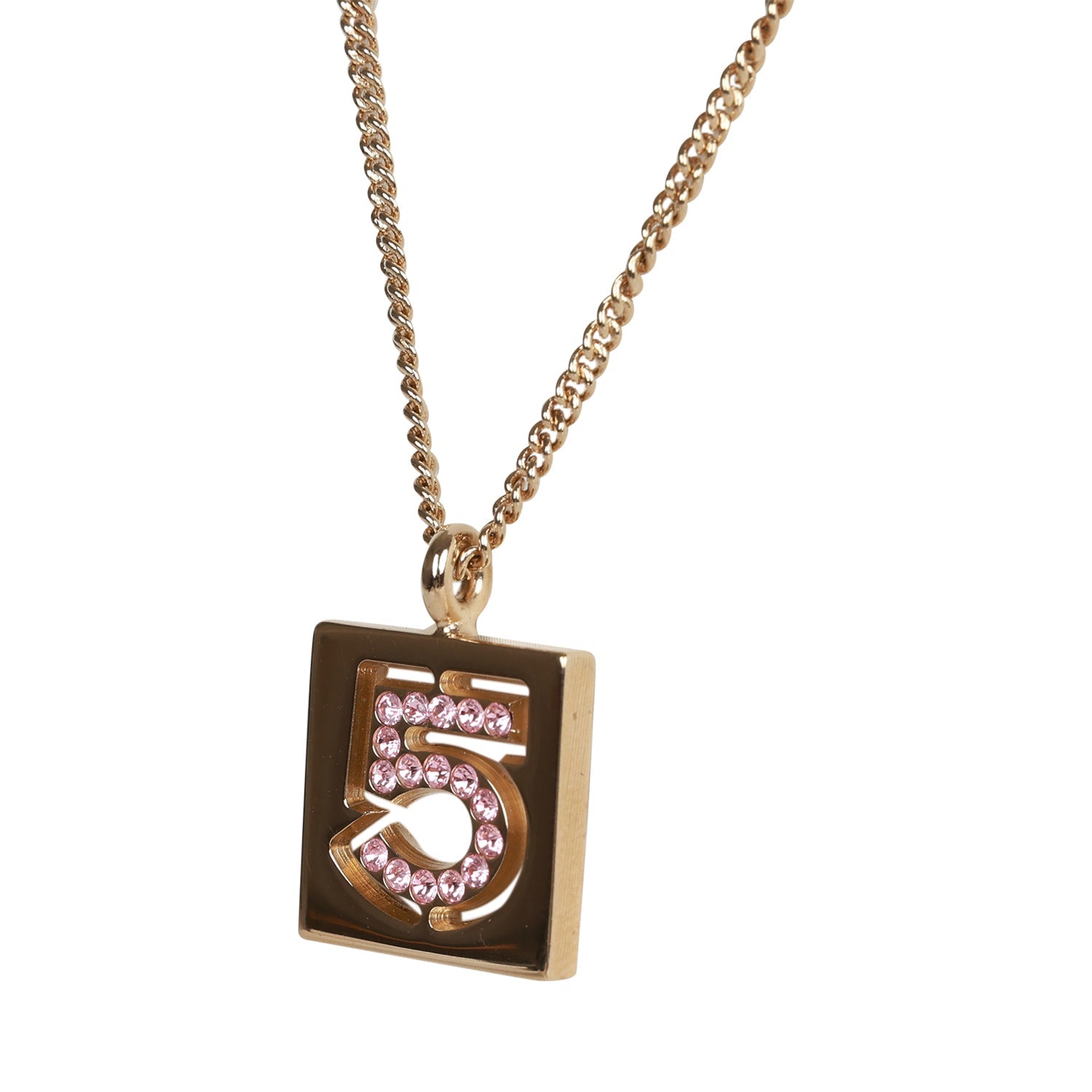 Vintage Chanel Vintage Pink No.5 Rhinestone Pendant Gold Necklace - Image 4