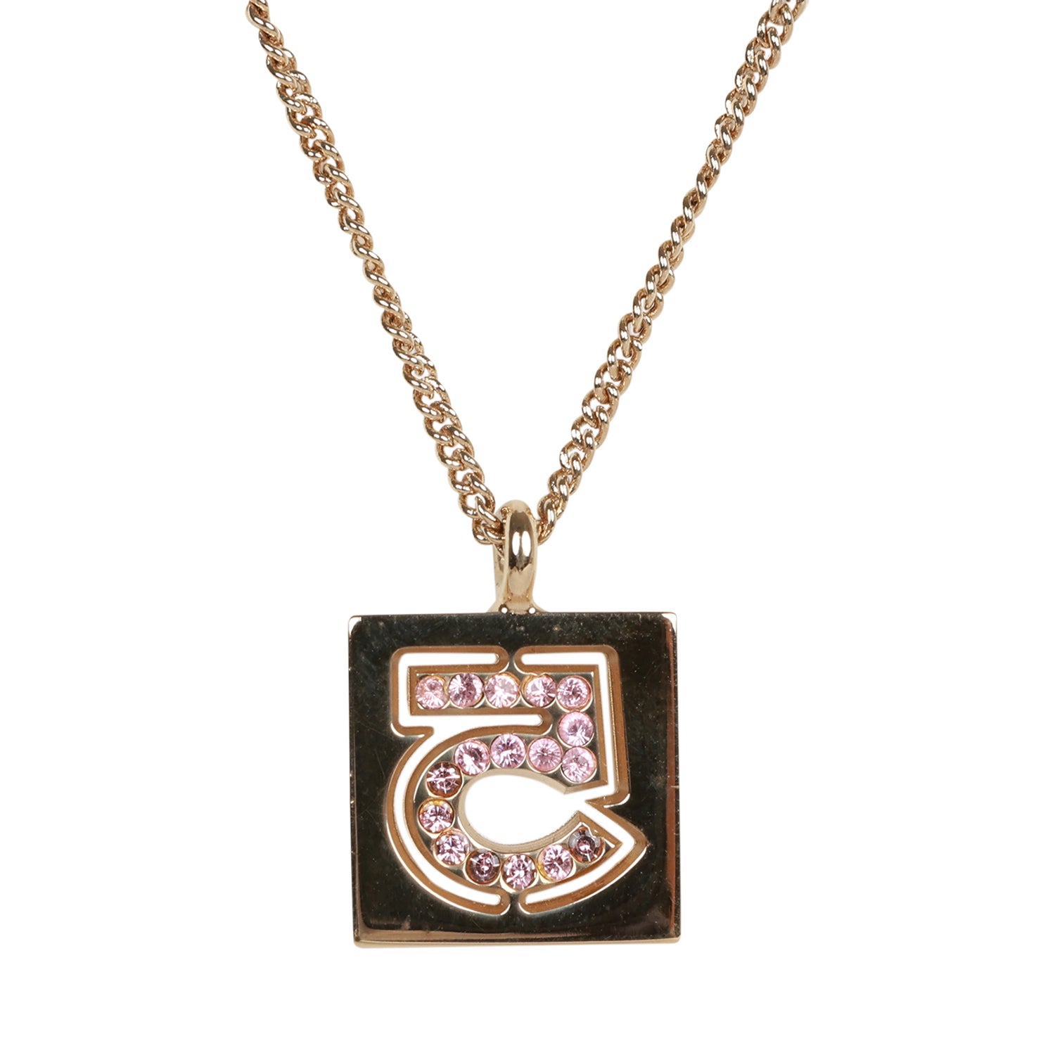Vintage Chanel Vintage Pink No.5 Rhinestone Pendant Gold Necklace - Image 5