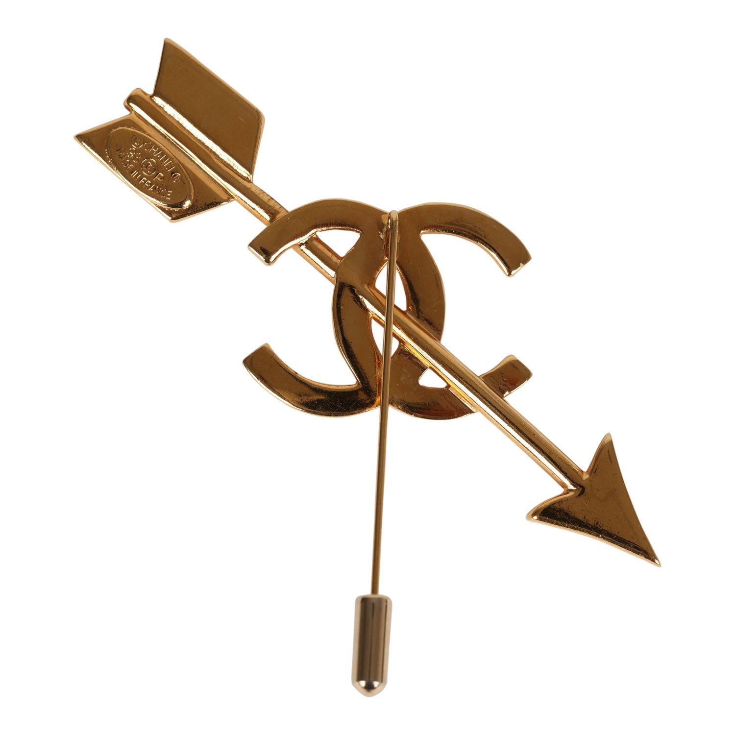 Vintage Chanel CC Bow and Arrow Brooch Gold Metal - Image 2