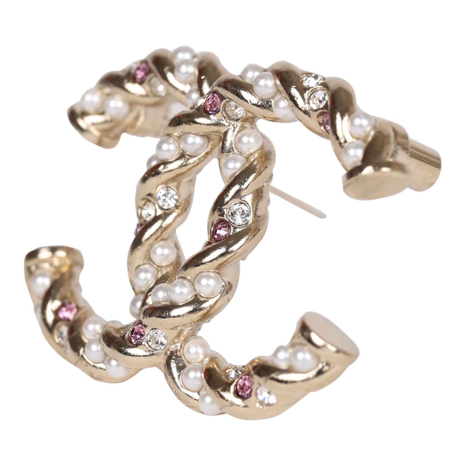 Chanel Twisted CC Crystal and Faux Pearl Brooch Light Pink Gold Metal - Image 4