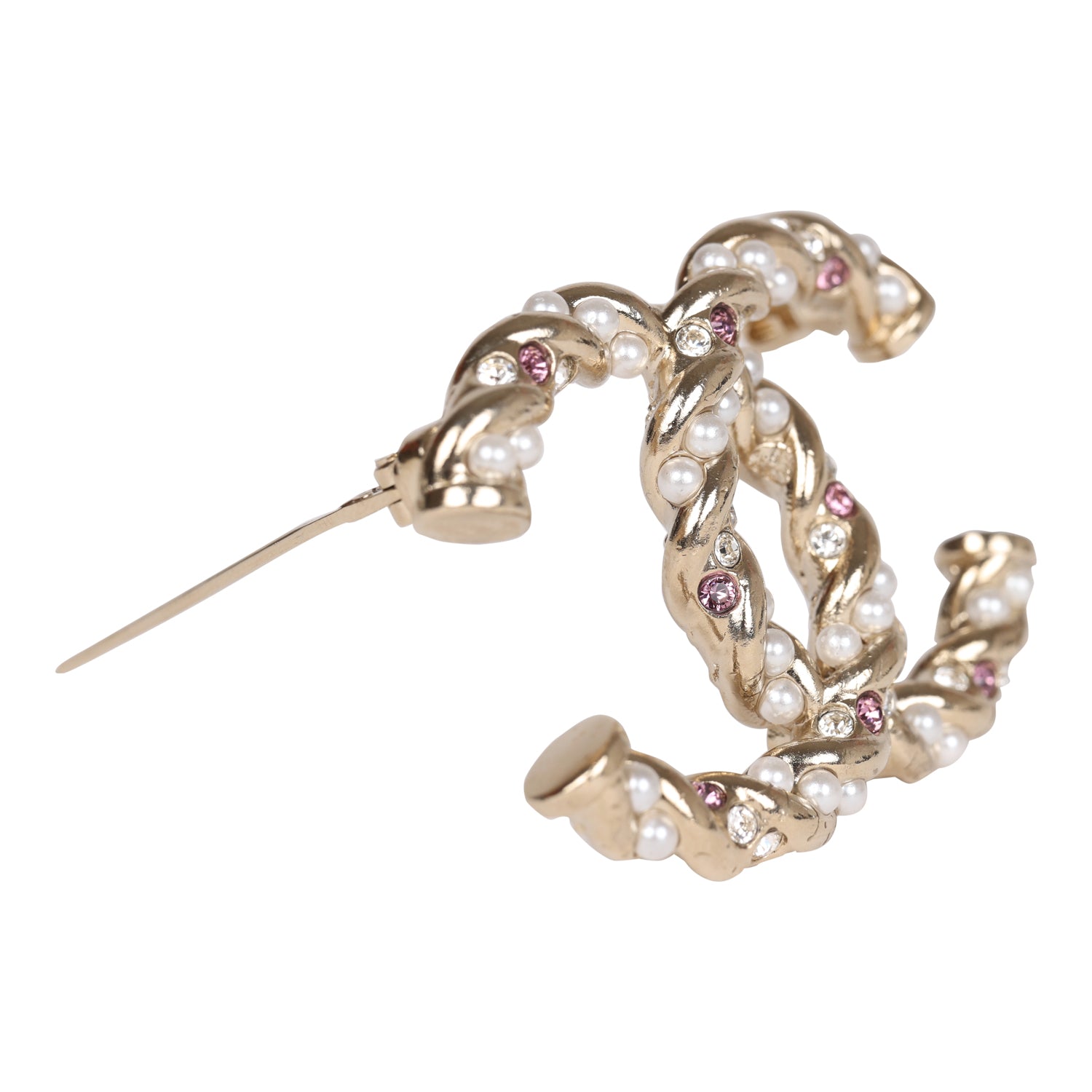 Chanel Twisted CC Crystal and Faux Pearl Brooch Light Pink Gold Metal - Image 5
