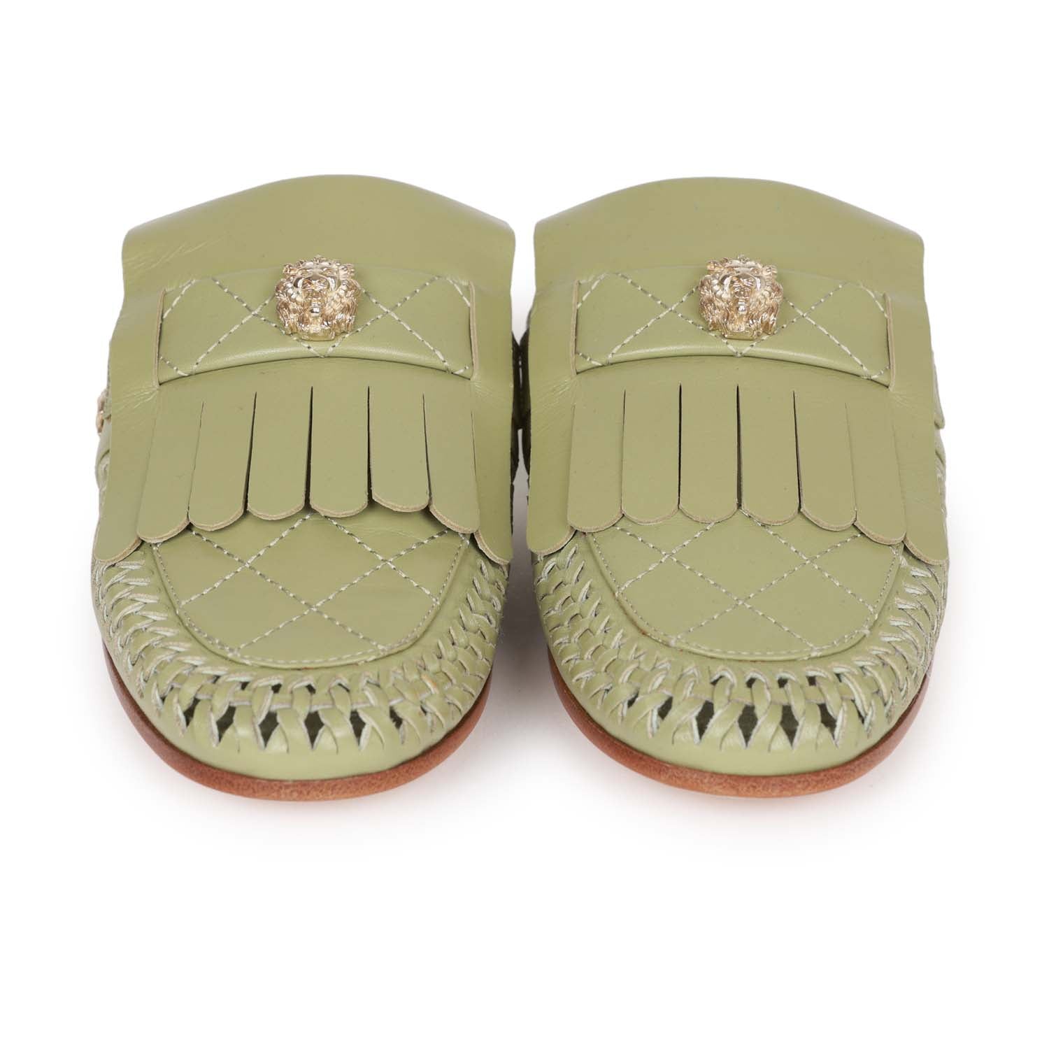 Chanel Lion Head Mules in Sage Green Fringe Leather 35 - Image 2