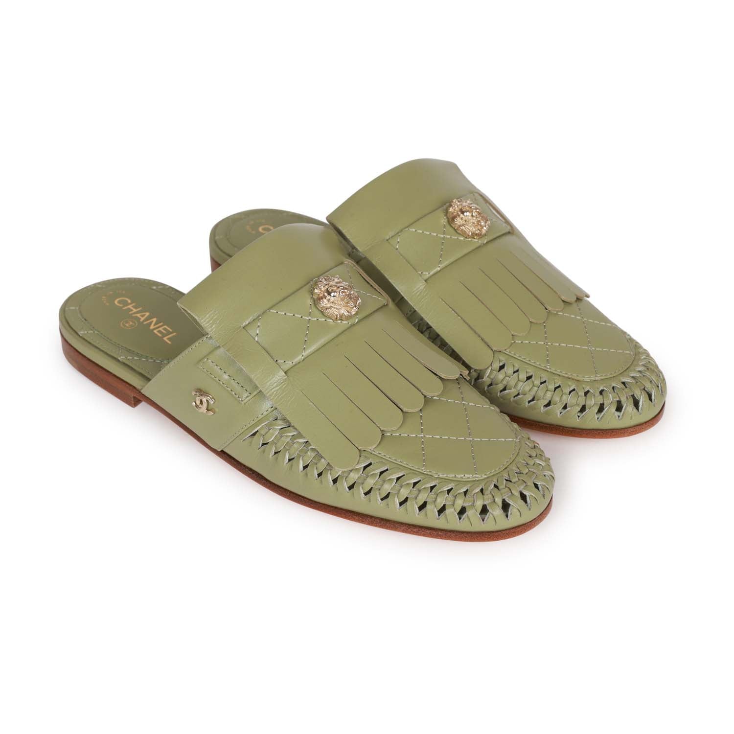 Chanel Lion Head Mules in Sage Green Fringe Leather 35 - Image 3