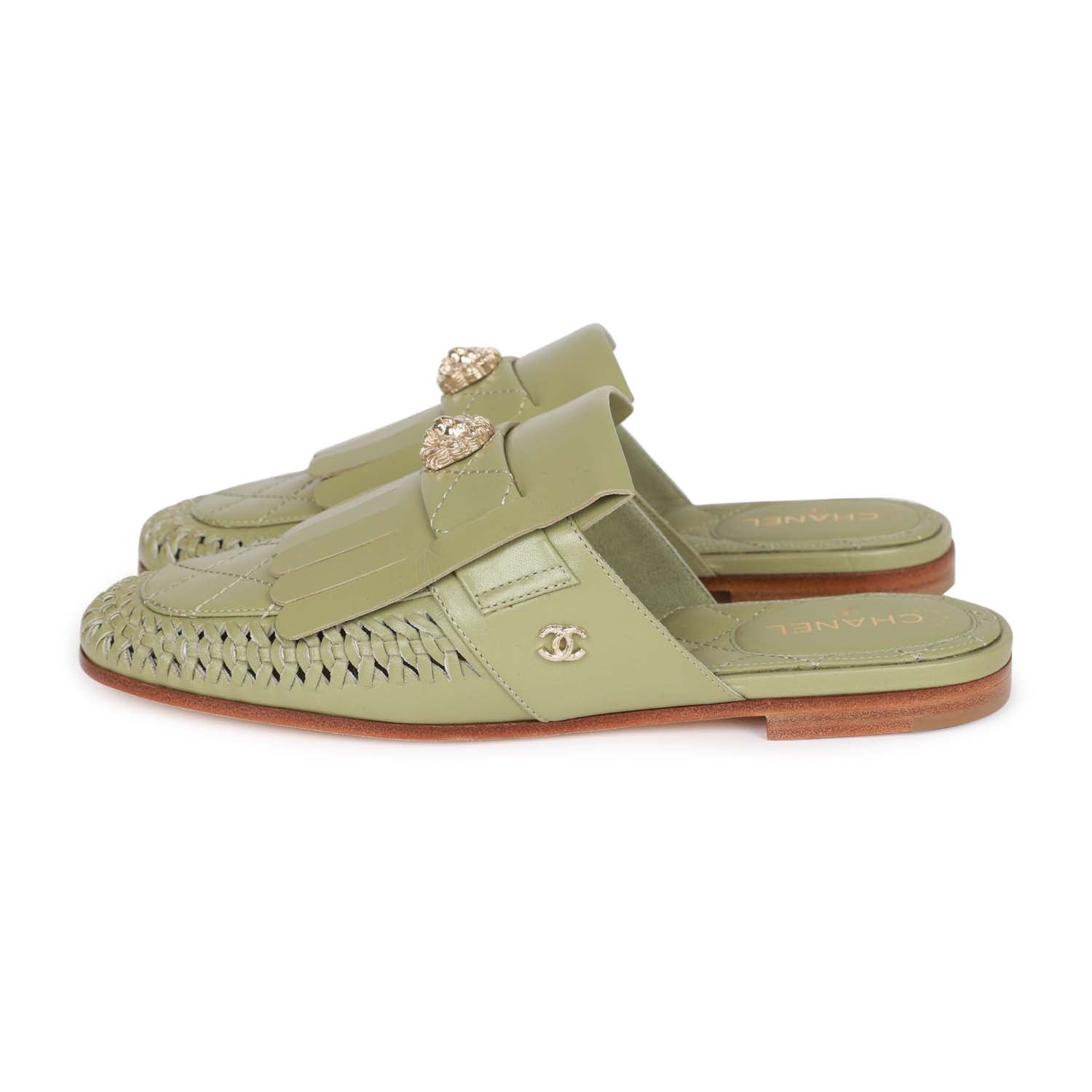 Chanel Lion Head Mules in Sage Green Fringe Leather 35 - Image 4