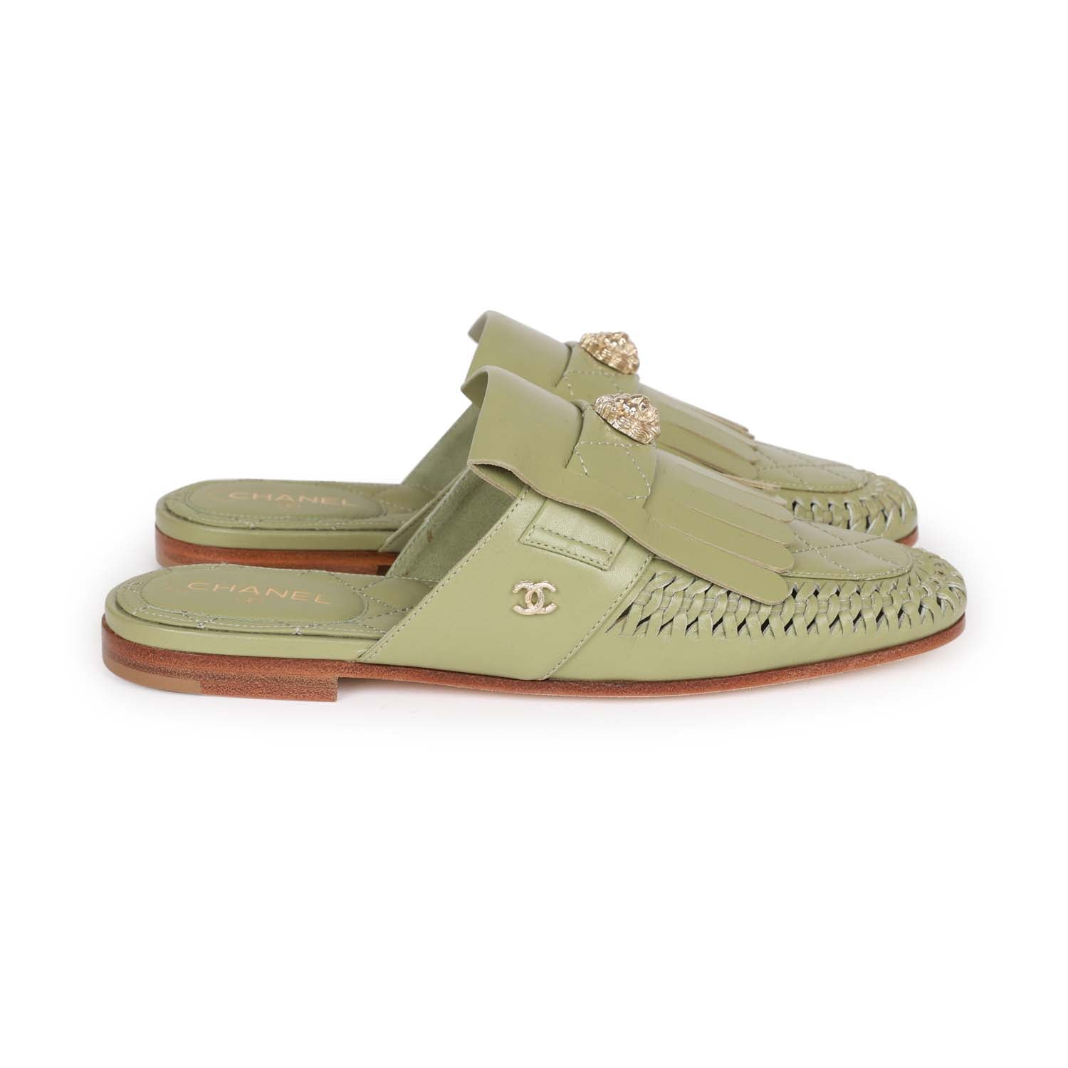 Chanel Lion Head Mules in Sage Green Fringe Leather 35 - Image 5