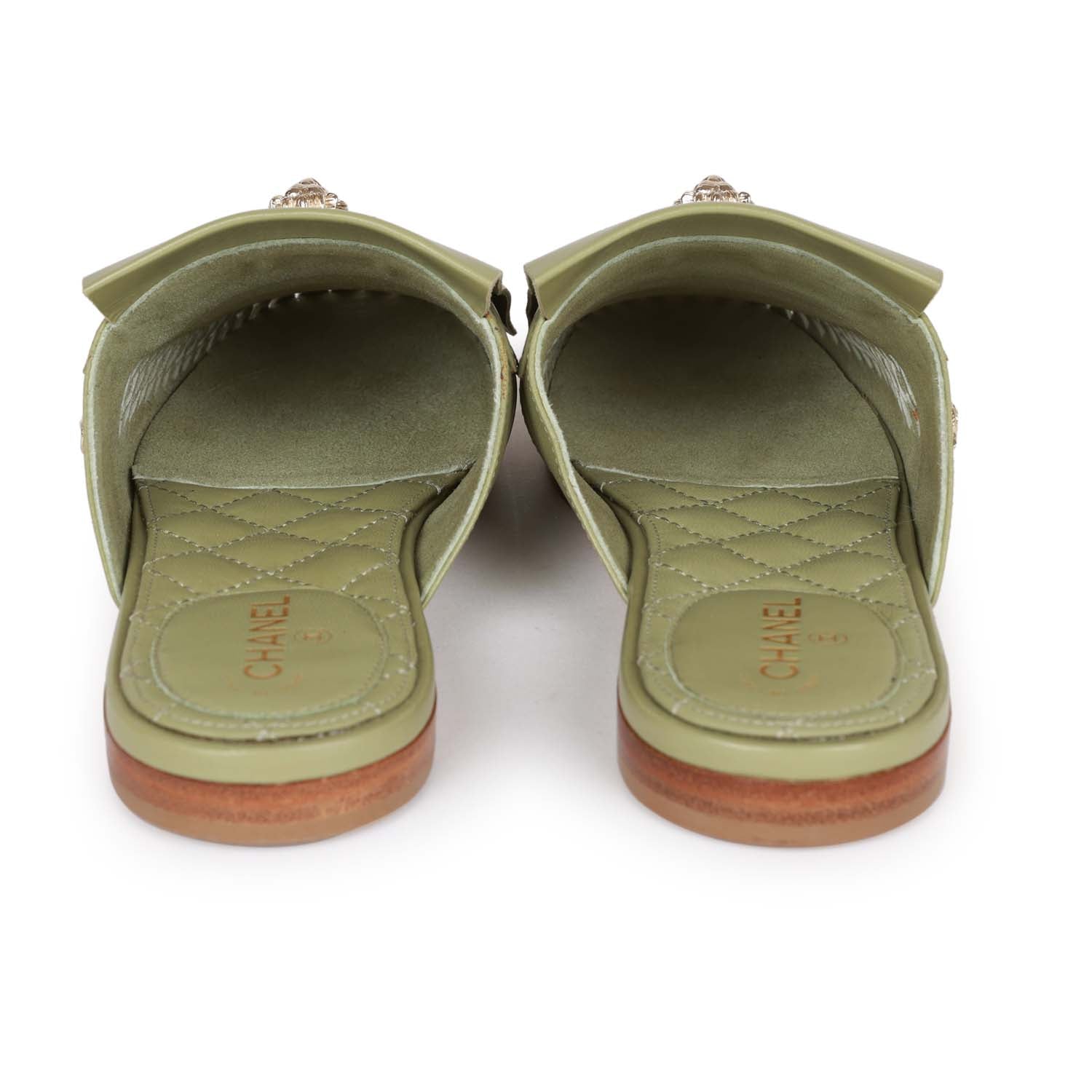 Chanel Lion Head Mules in Sage Green Fringe Leather 35 - Image 6