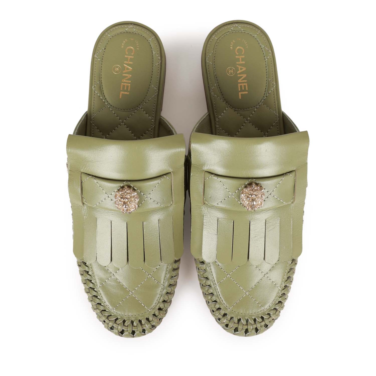 Chanel Lion Head Mules in Sage Green Fringe Leather 35 - Image 7