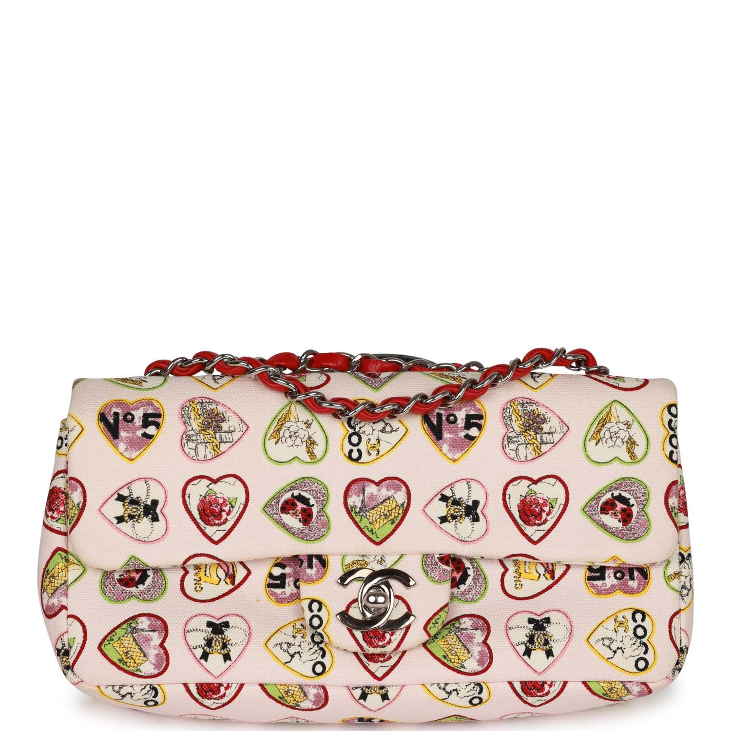 Pre-Owned Chanel Small Classic Coco Heart Motif Flap Bag Multicolor Canvas Silver Hardware