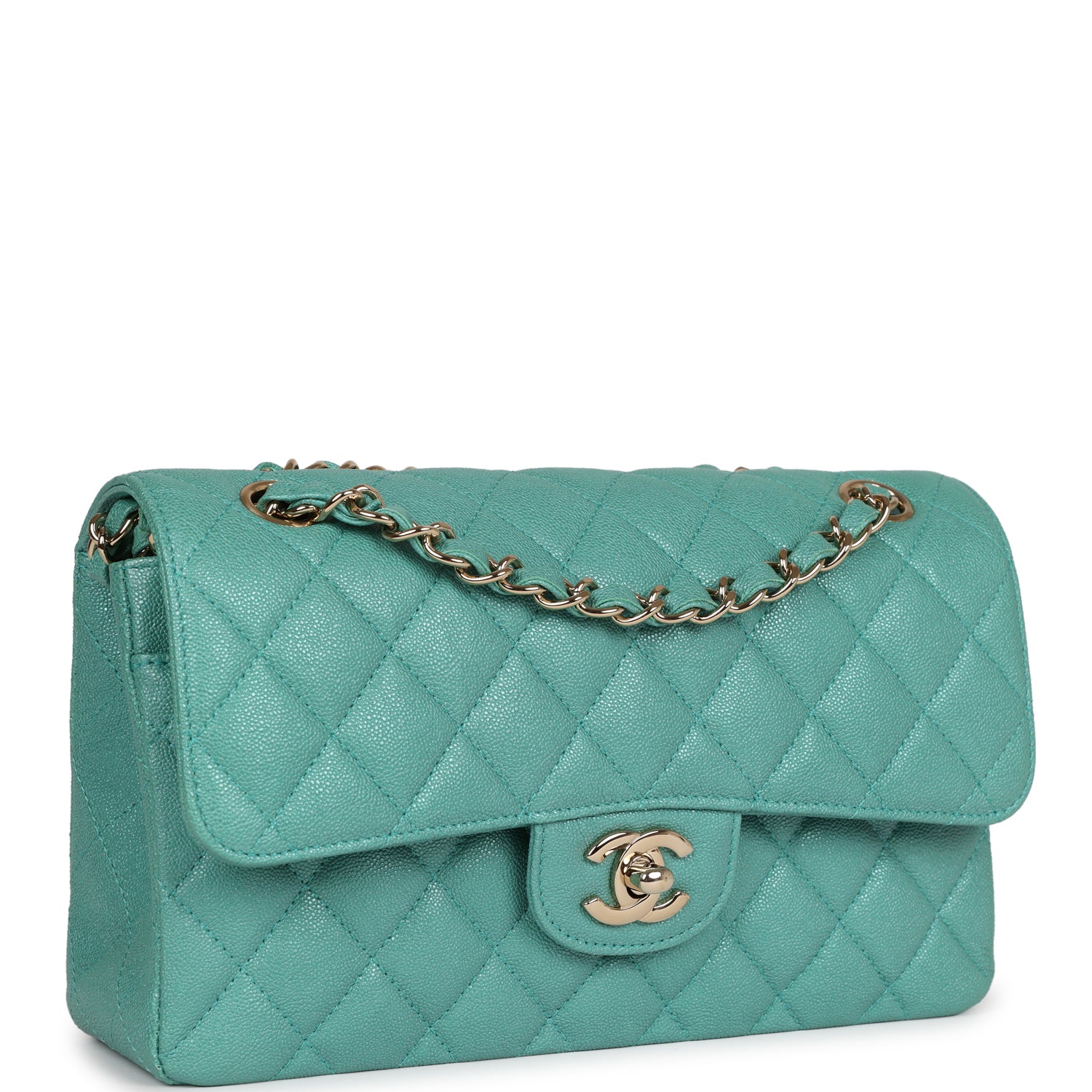 Chanel Small Classic Double Flap Turquoise Iridescent Caviar Light Gold Hardware - Image 2