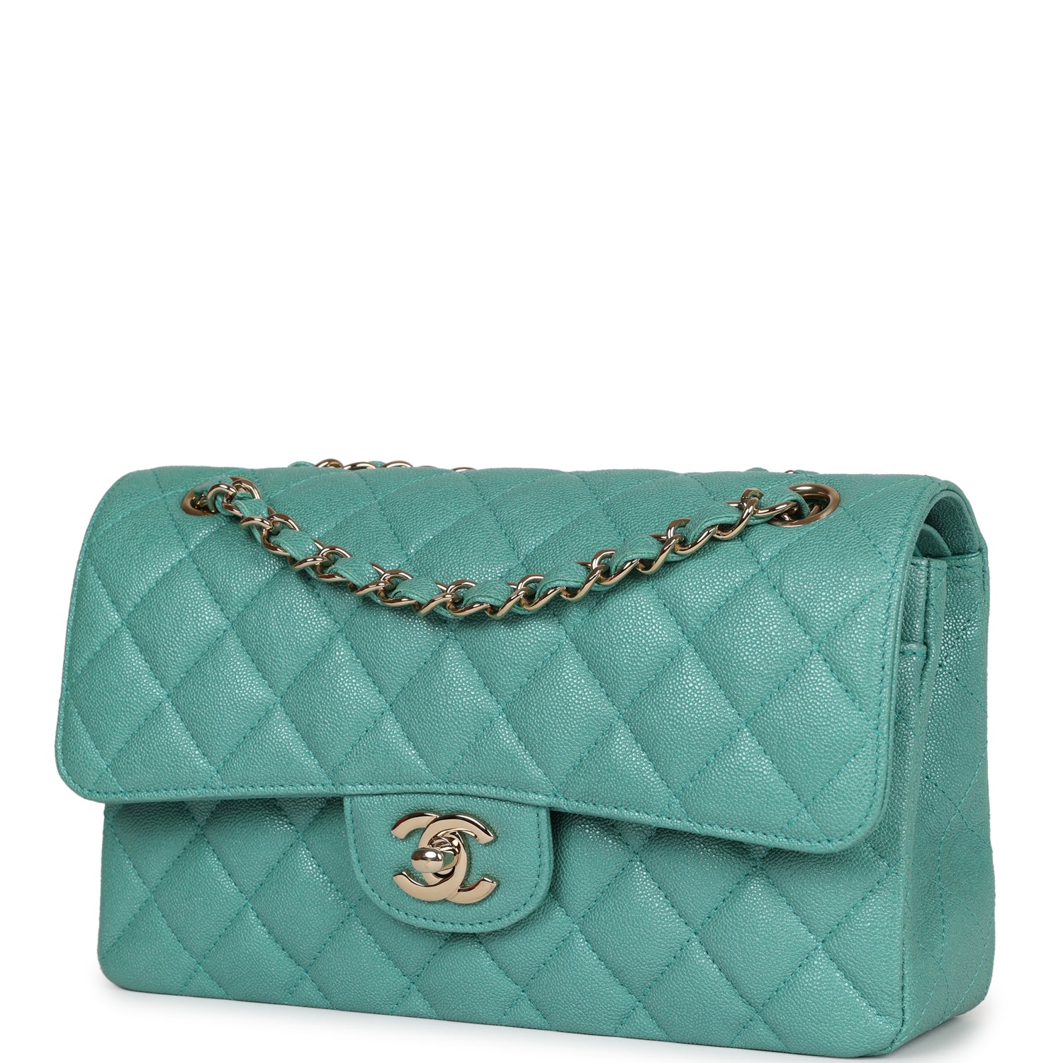 Chanel Small Classic Double Flap Turquoise Iridescent Caviar Light Gold Hardware - Image 5