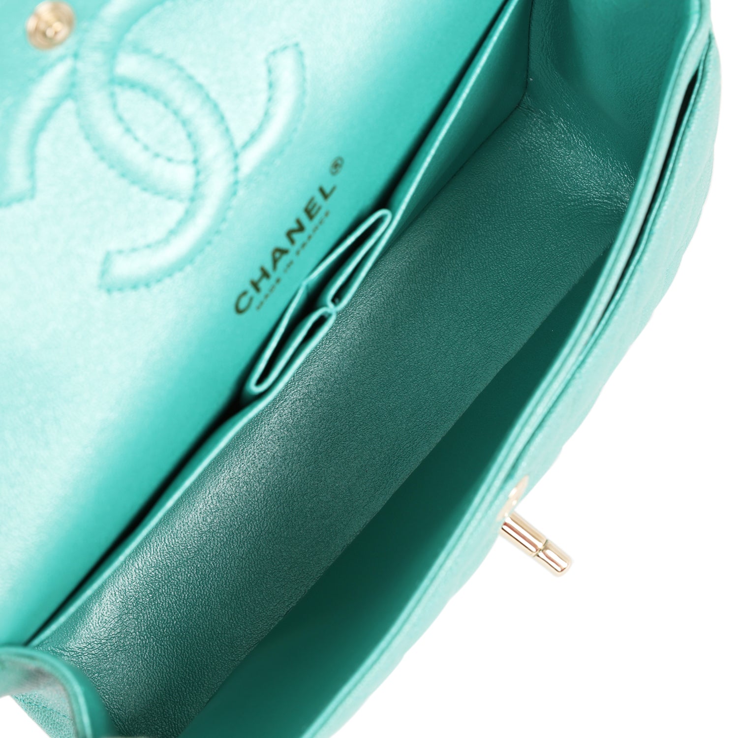 Chanel Small Classic Double Flap Turquoise Iridescent Caviar Light Gold Hardware - Image 9