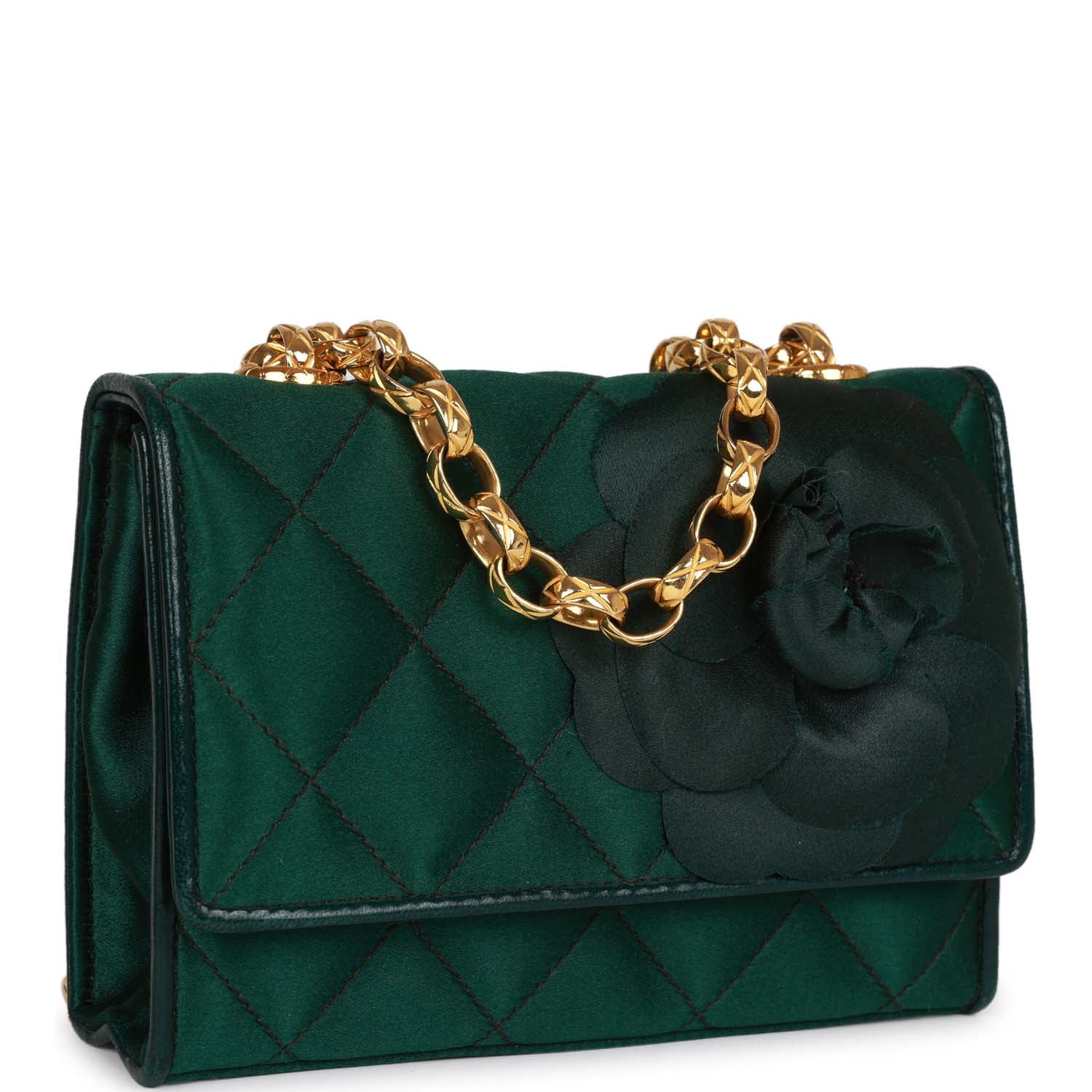 Vintage Chanel Mini Camellia Flap Bag Green Satin Gold Hardware - Image 2