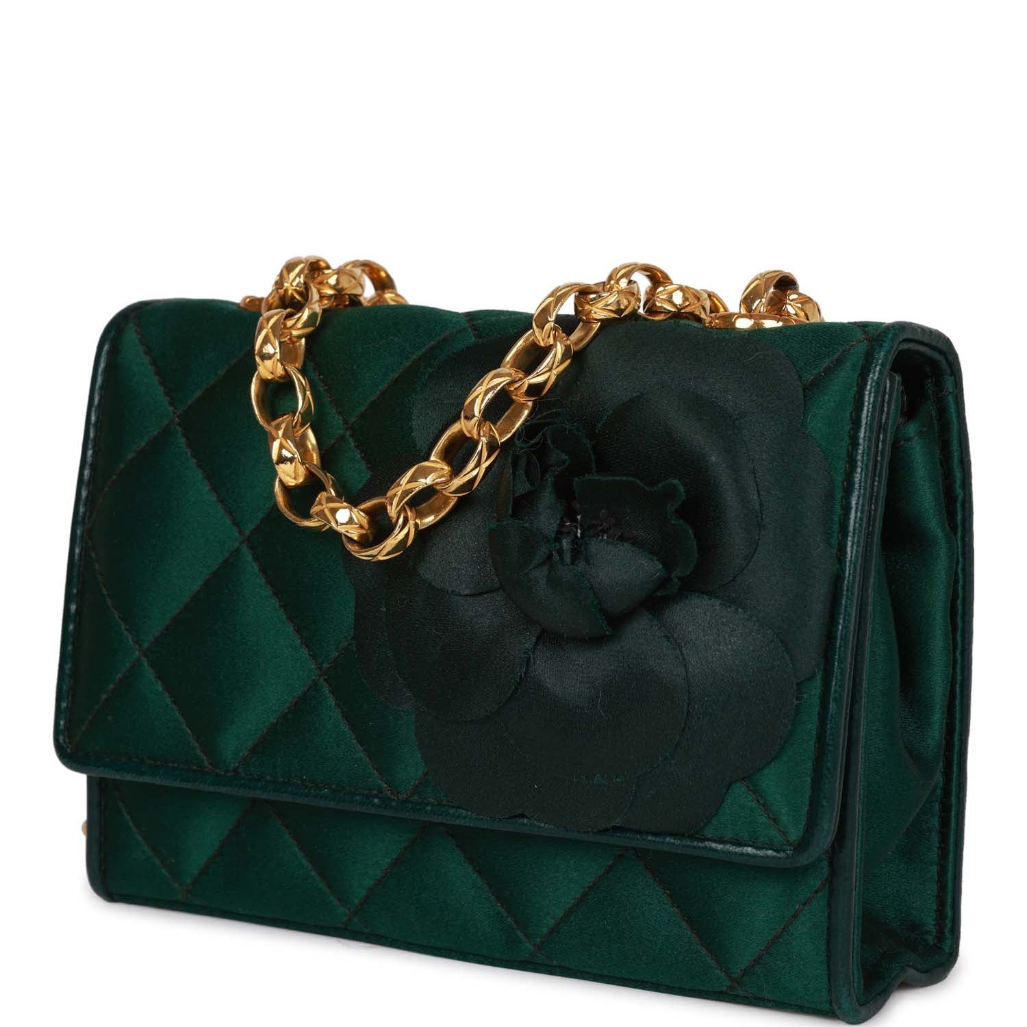 Vintage Chanel Mini Camellia Flap Bag Green Satin Gold Hardware - Image 4