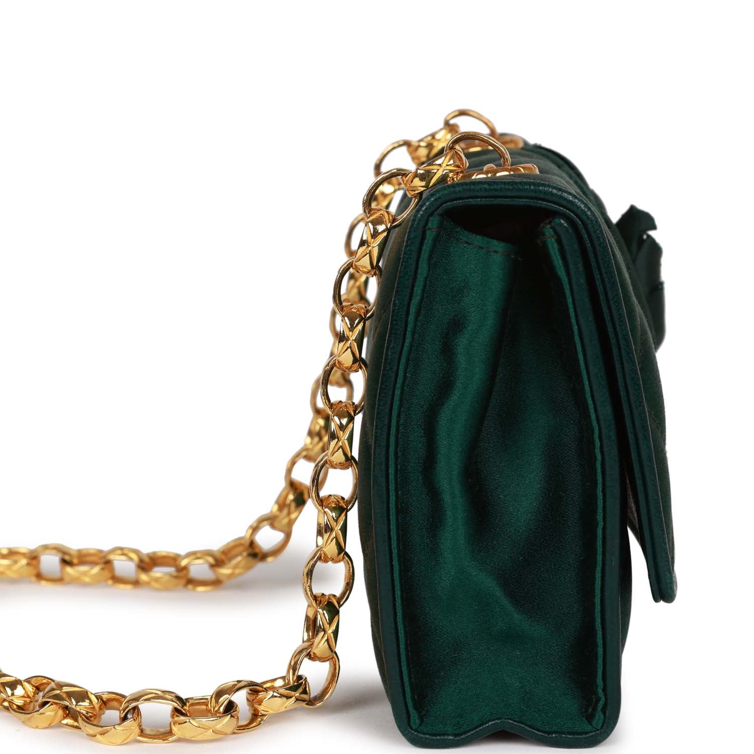 Vintage Chanel Mini Camellia Flap Bag Green Satin Gold Hardware - Image 3