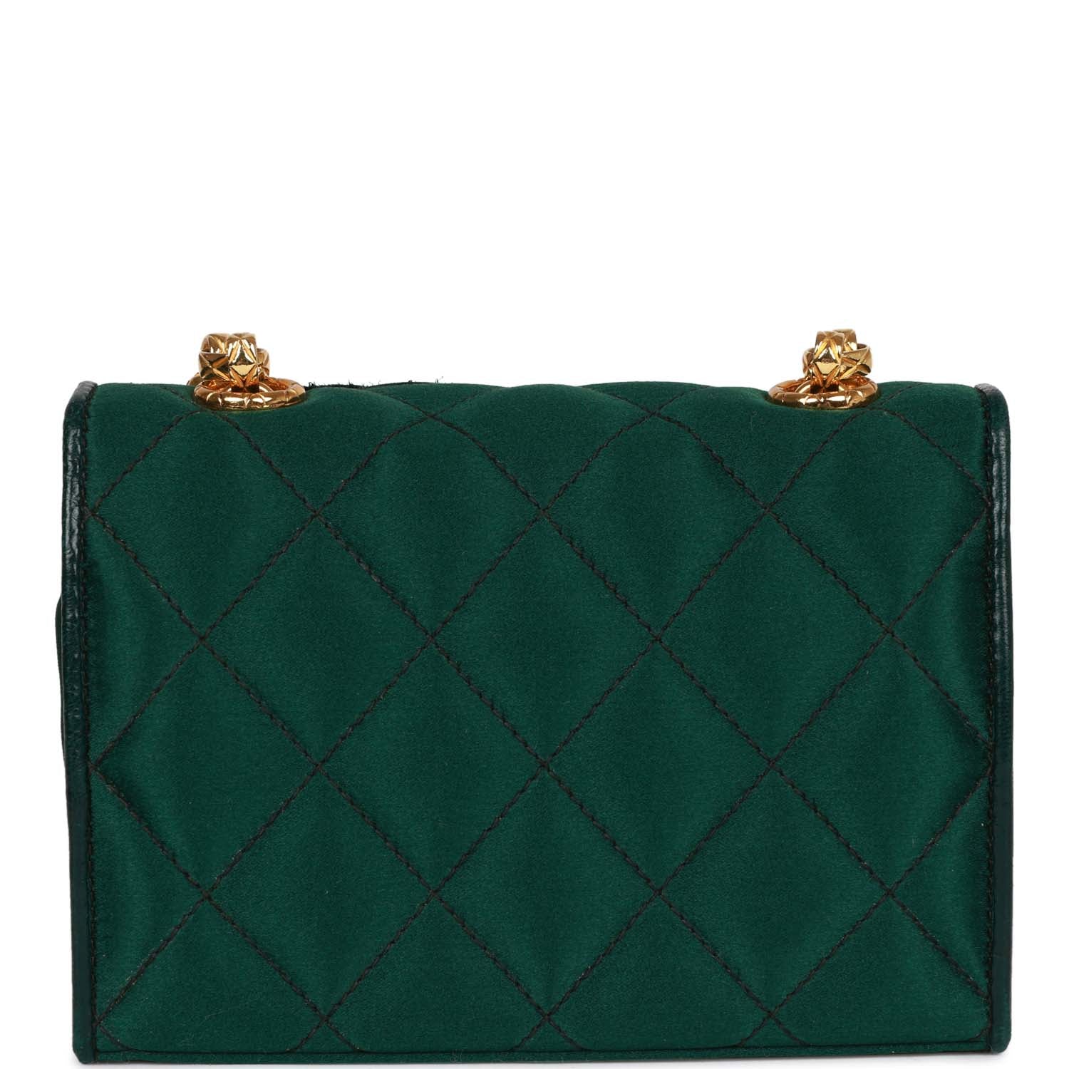 Vintage Chanel Mini Camellia Flap Bag Green Satin Gold Hardware - Image 5