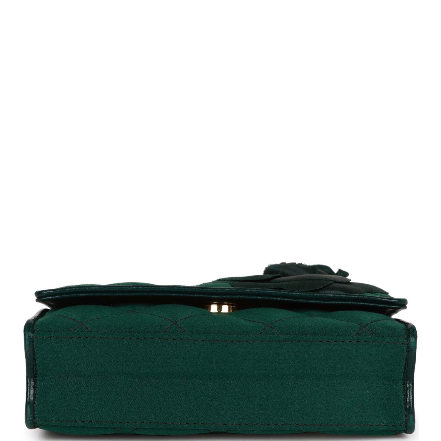 Vintage Chanel Mini Camellia Flap Bag Green Satin Gold Hardware - Image 6