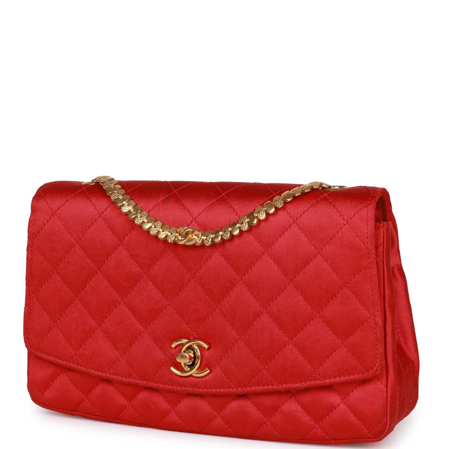 Vintage Chanel Flap Bag Red Satin Gold Hardware - Image 5