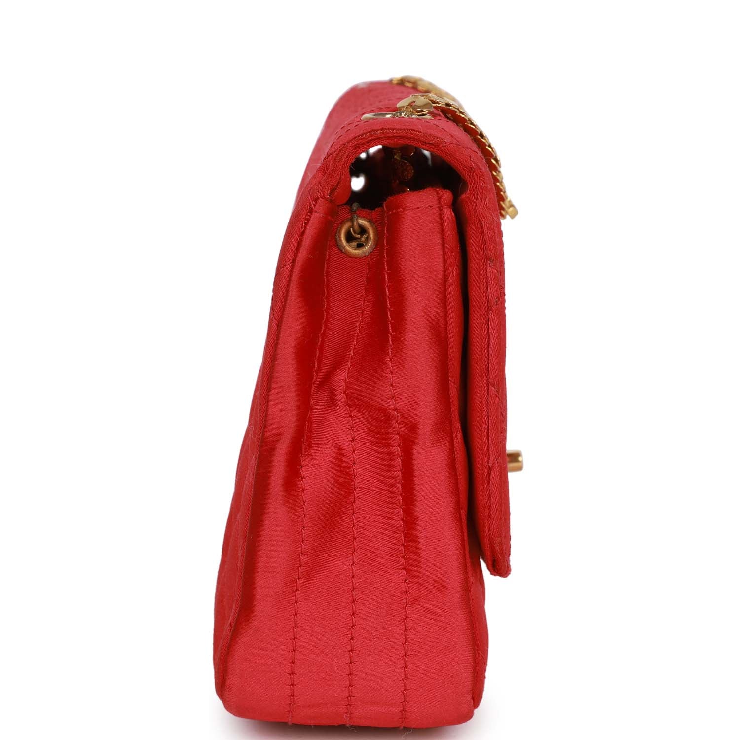 Vintage Chanel Flap Bag Red Satin Gold Hardware - Image 3