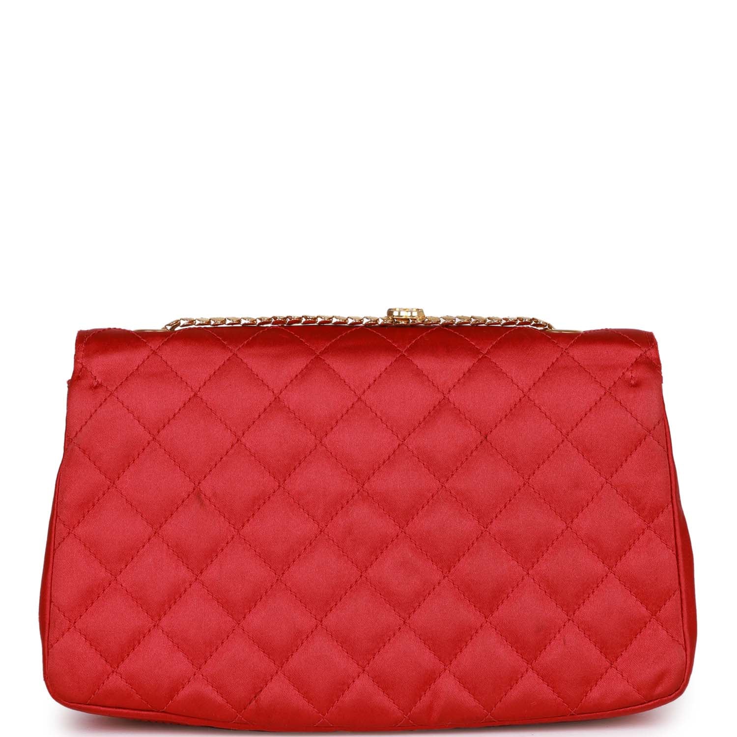 Vintage Chanel Flap Bag Red Satin Gold Hardware - Image 4