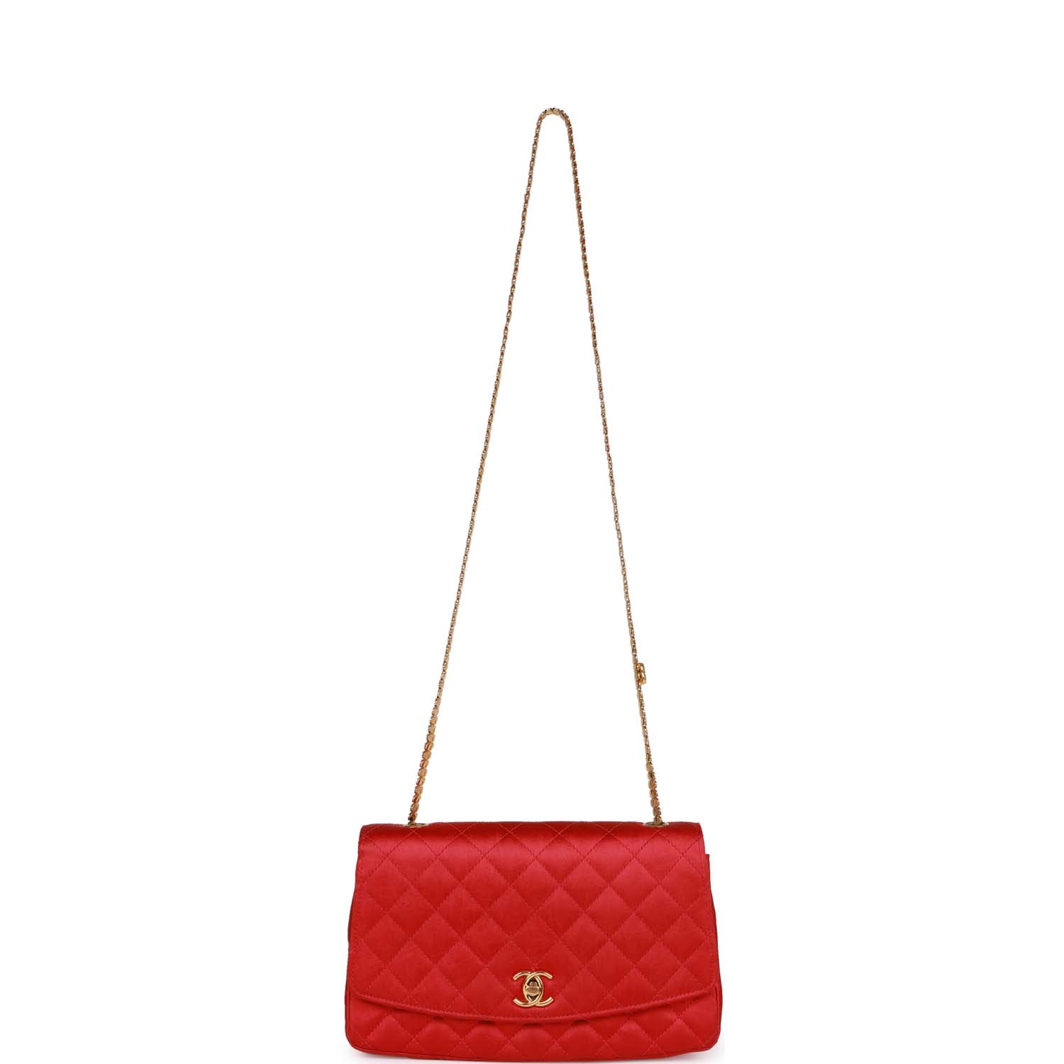 Vintage Chanel Flap Bag Red Satin Gold Hardware - Image 7