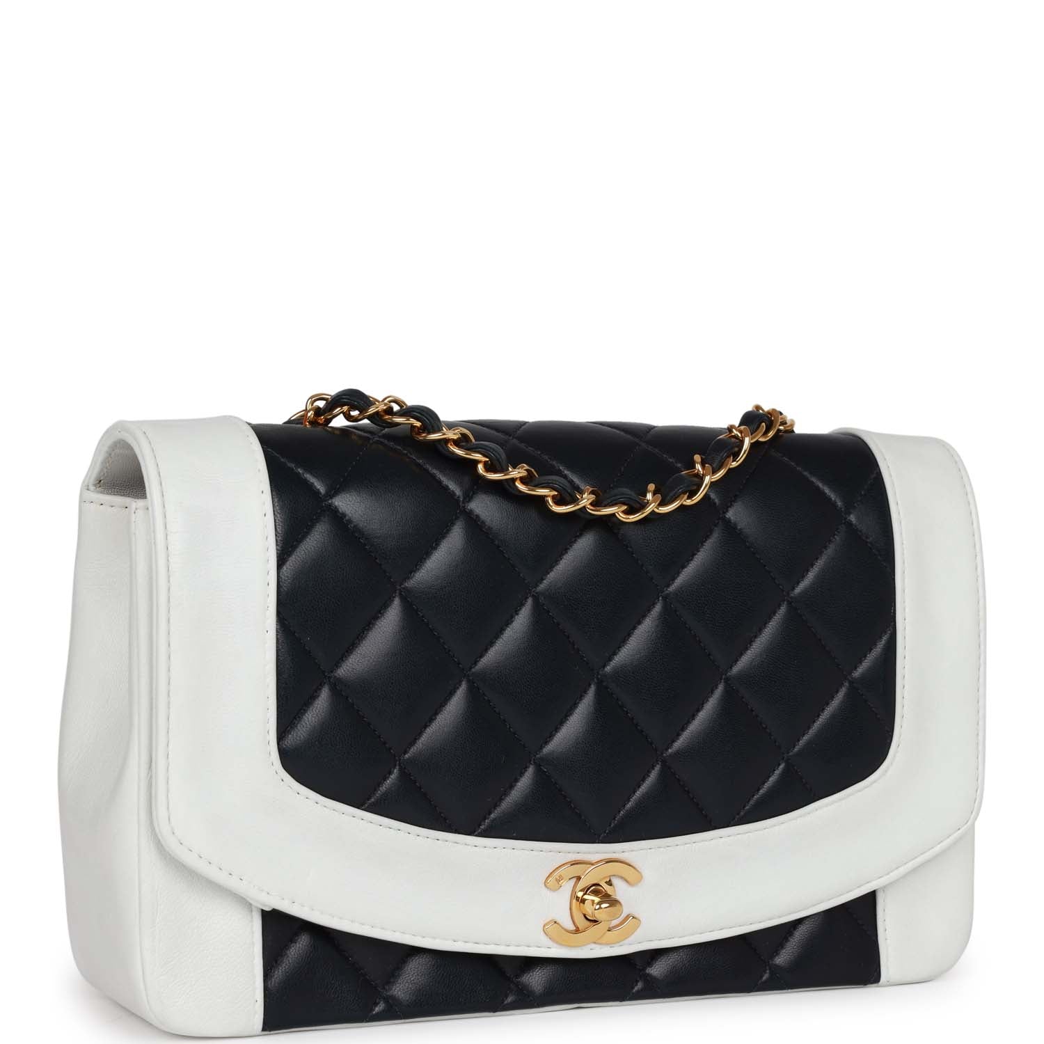 Vintage Chanel Small Diana Flap Bag White and Navy Lambskin Gold Hardware - Image 2