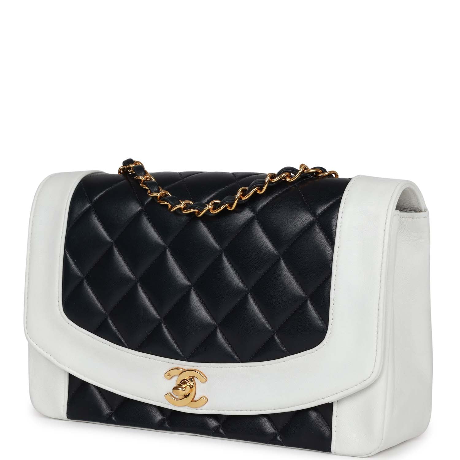 Vintage Chanel Small Diana Flap Bag White and Navy Lambskin Gold Hardware - Image 5