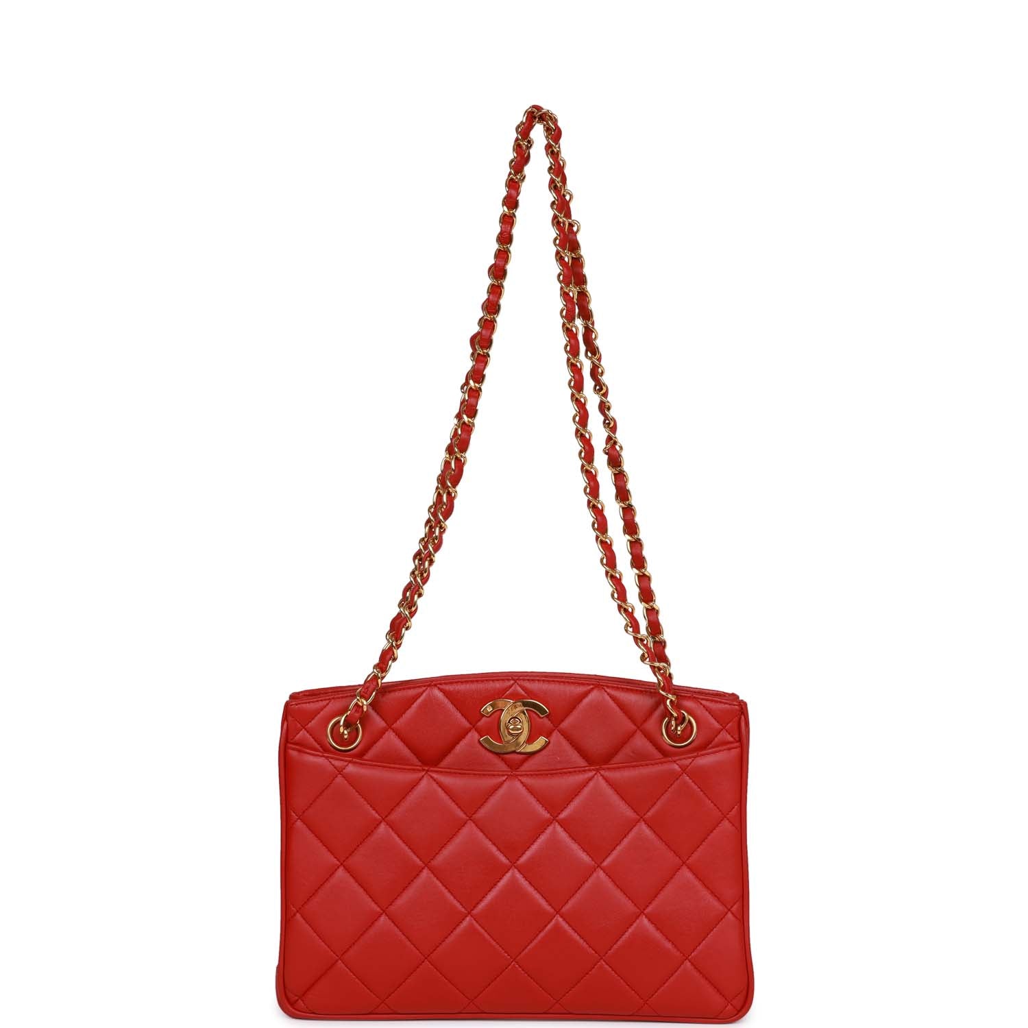 Vintage Chanel Mini Chain Tote Bag Red Lambskin Gold Hardware - Image 7