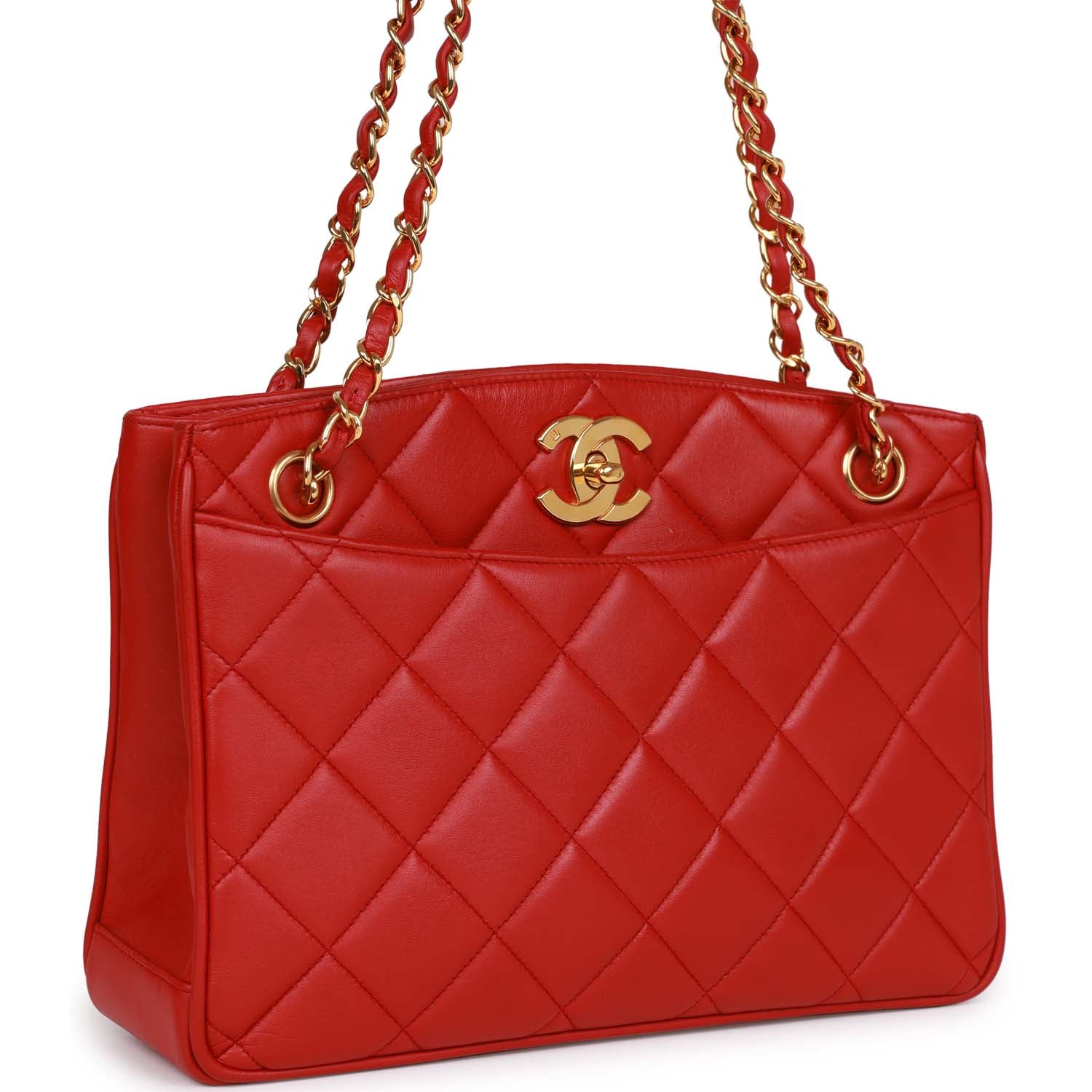 Vintage Chanel Mini Chain Tote Bag Red Lambskin Gold Hardware - Image 2