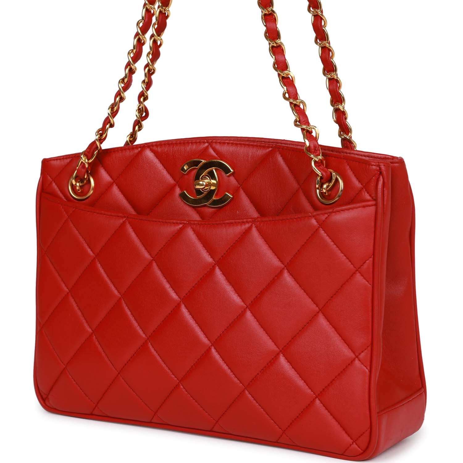 Vintage Chanel Mini Chain Tote Bag Red Lambskin Gold Hardware - Image 5