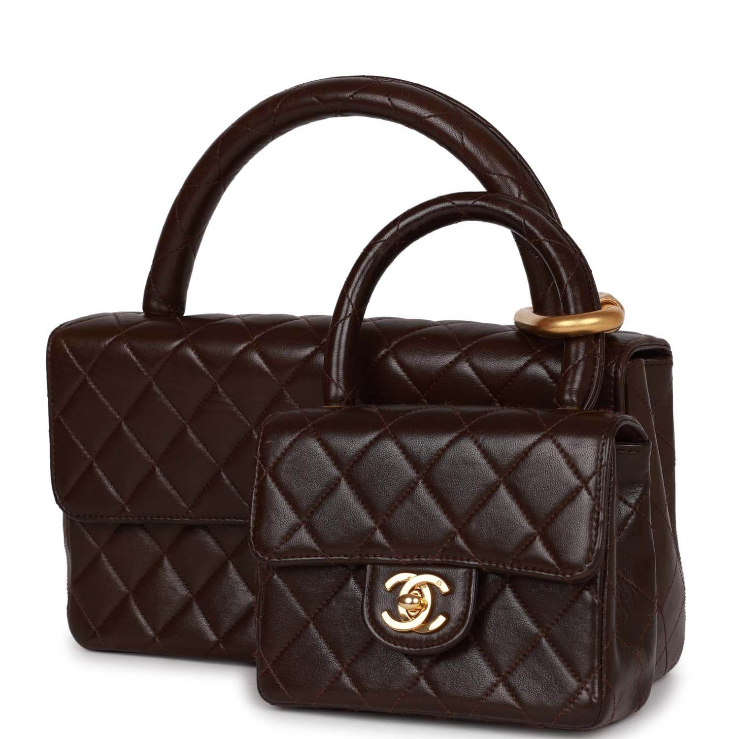 Vintage Chanel Kelly Parent and Child Flap Bag Set Brown Lambskin Gold Hardware - Image 5