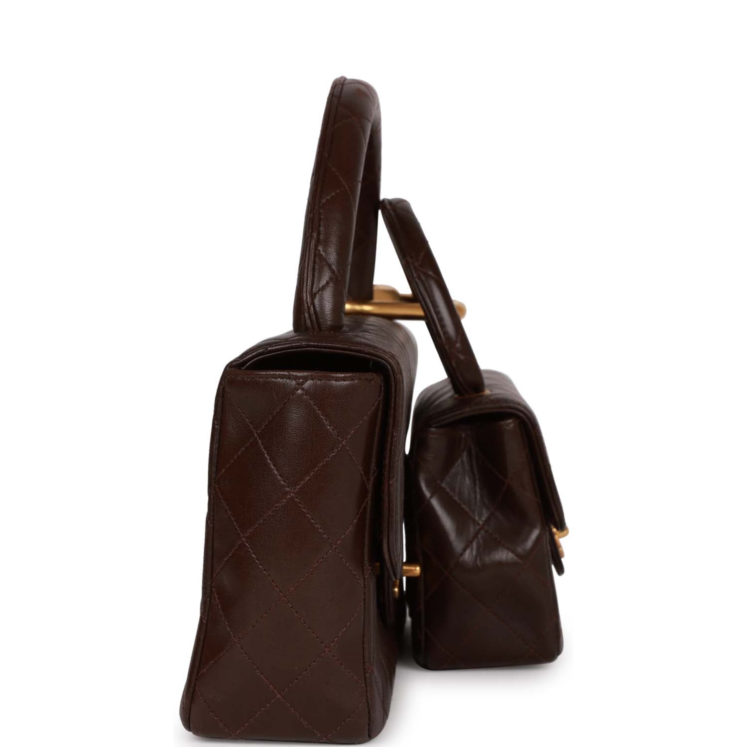 Vintage Chanel Kelly Parent and Child Flap Bag Set Brown Lambskin Gold Hardware - Image 3