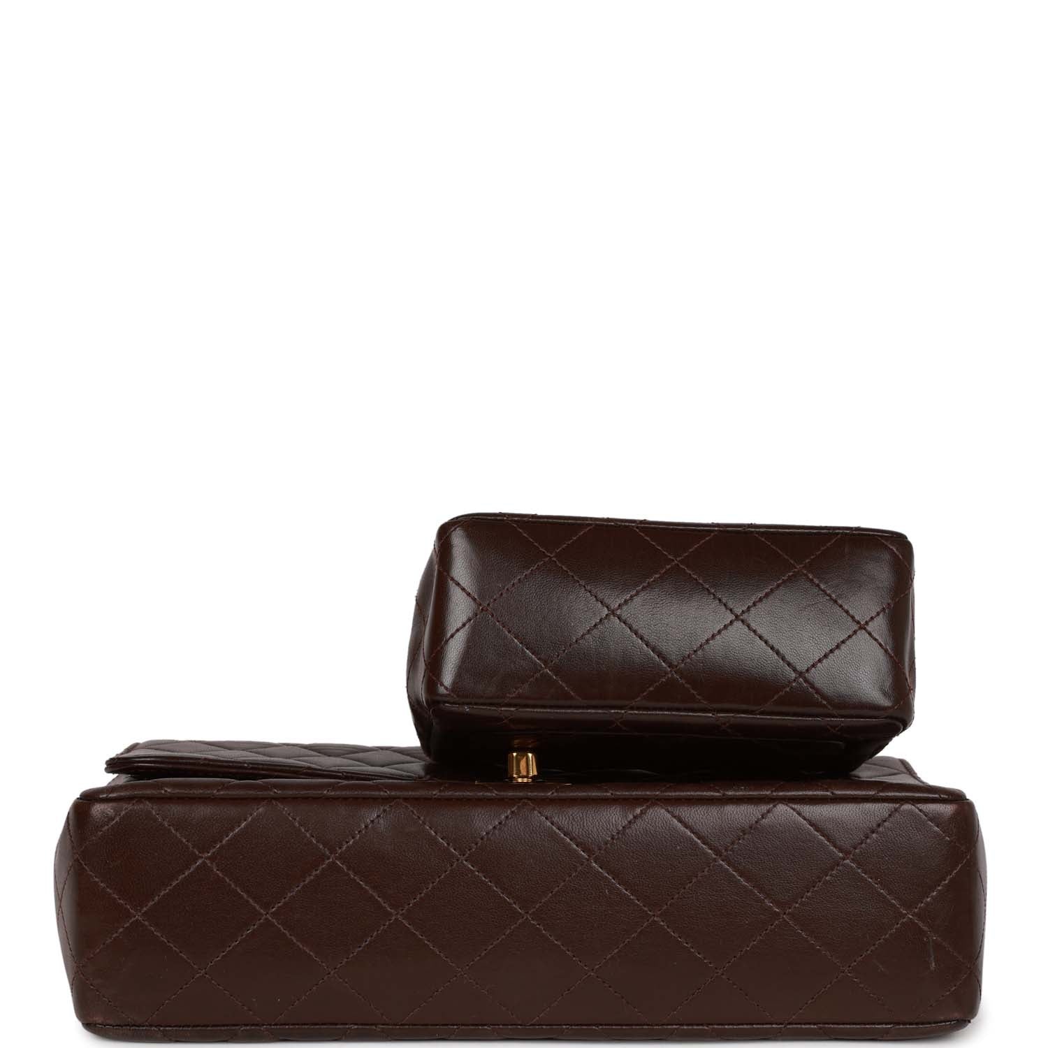 Vintage Chanel Kelly Parent and Child Flap Bag Set Brown Lambskin Gold Hardware - Image 7
