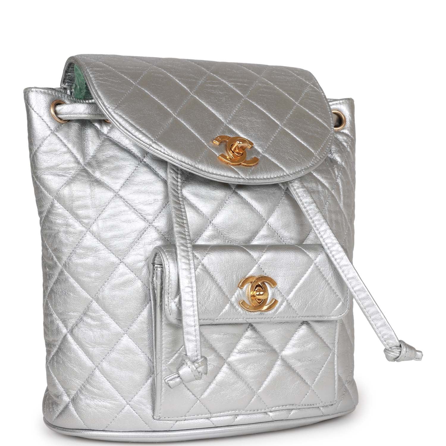 Vintage Chanel Duma Backpack Silver Metallic Lambskin Gold Hardware - Image 2