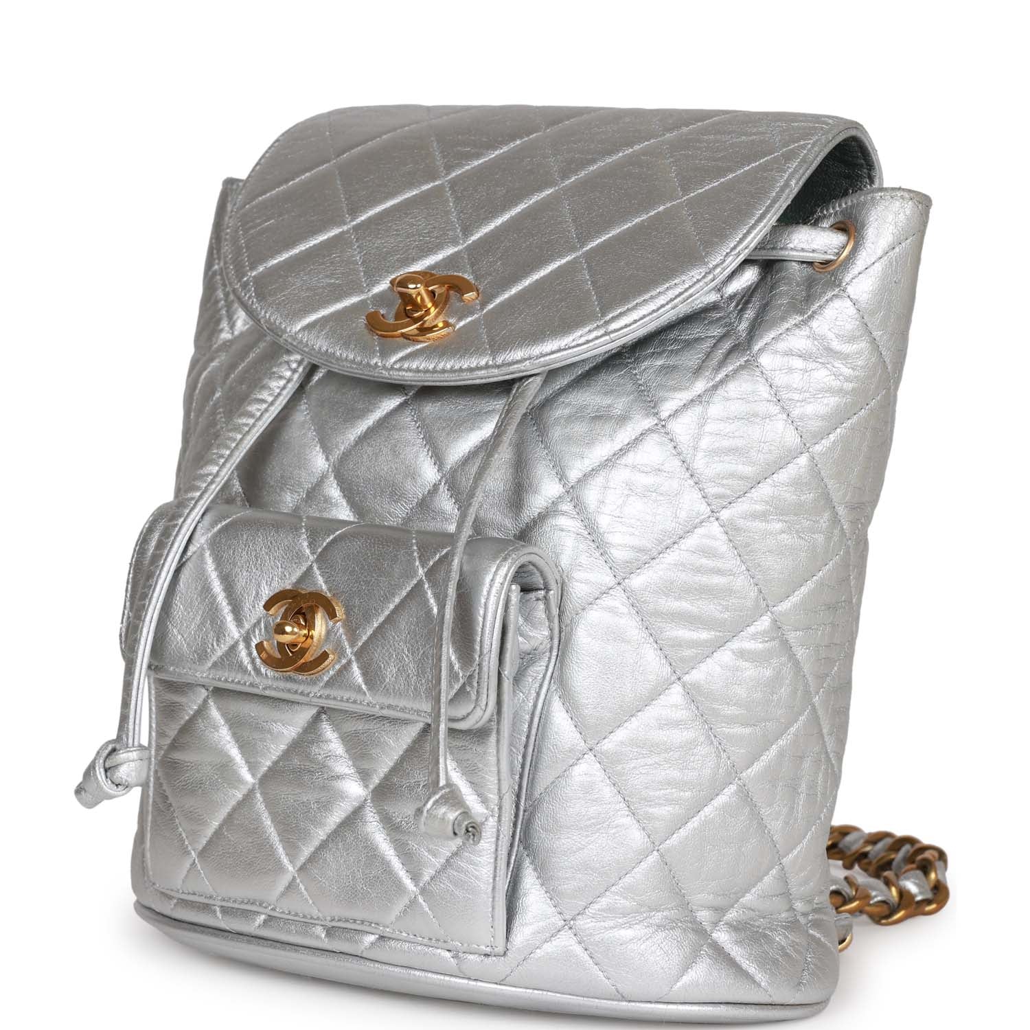 Vintage Chanel Duma Backpack Silver Metallic Lambskin Gold Hardware - Image 5