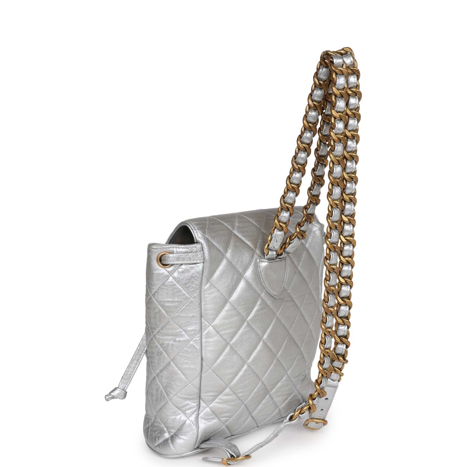 Vintage Chanel Duma Backpack Silver Metallic Lambskin Gold Hardware - Image 8