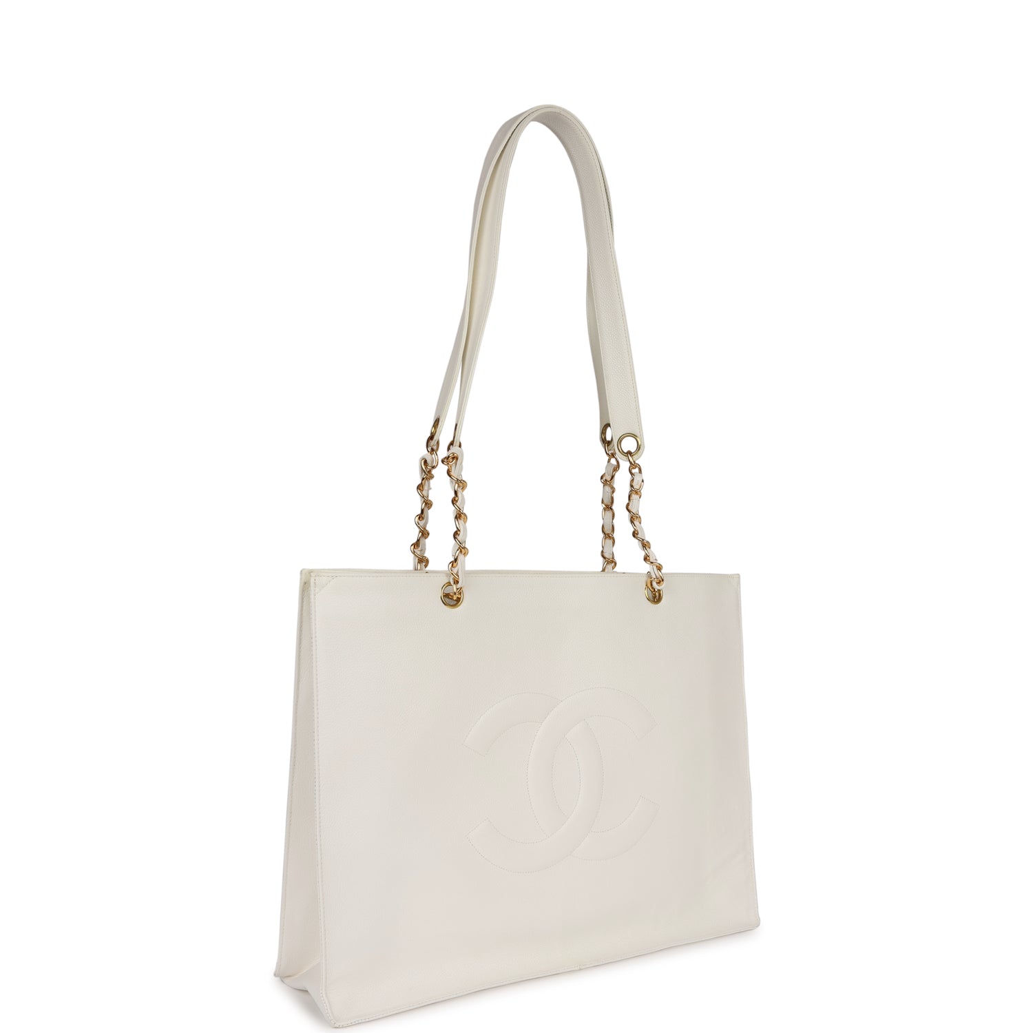 Vintage Chanel CC Chain Shopping Tote Bag White Caviar Gold Hardware - Image 2