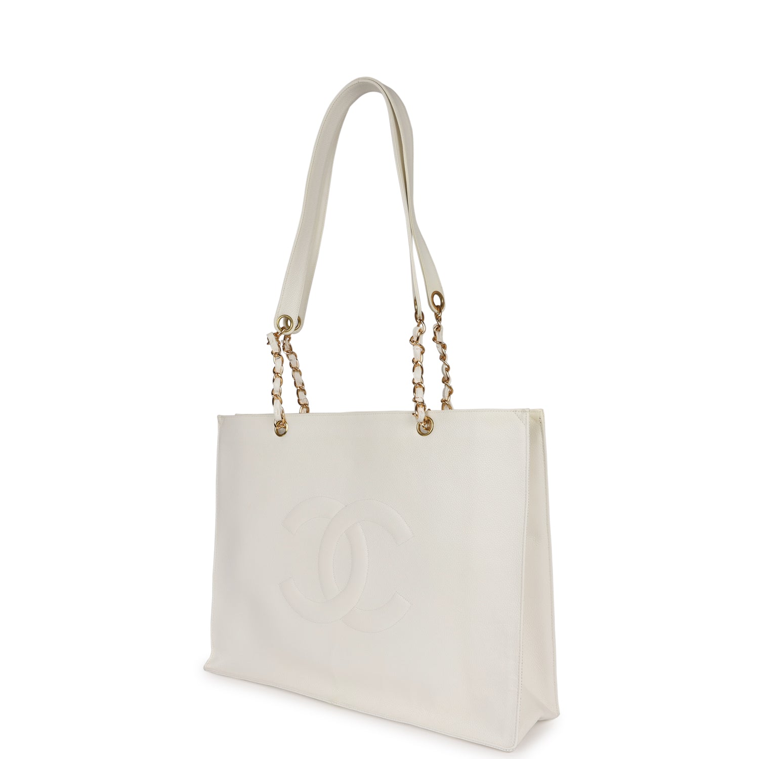 Vintage Chanel CC Chain Shopping Tote Bag White Caviar Gold Hardware - Image 5